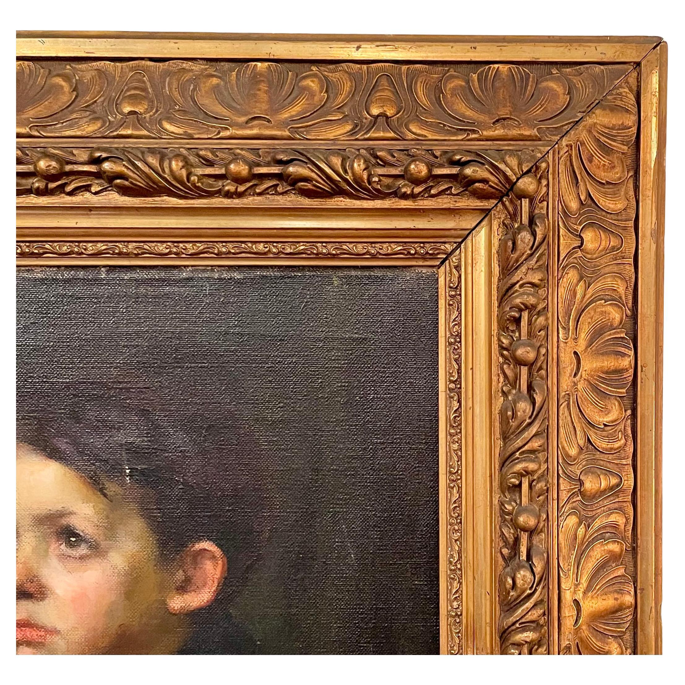 20th Century Pair Antique Framed Oil on Canvas Portrait Paintings, Circa 1900. For Sale