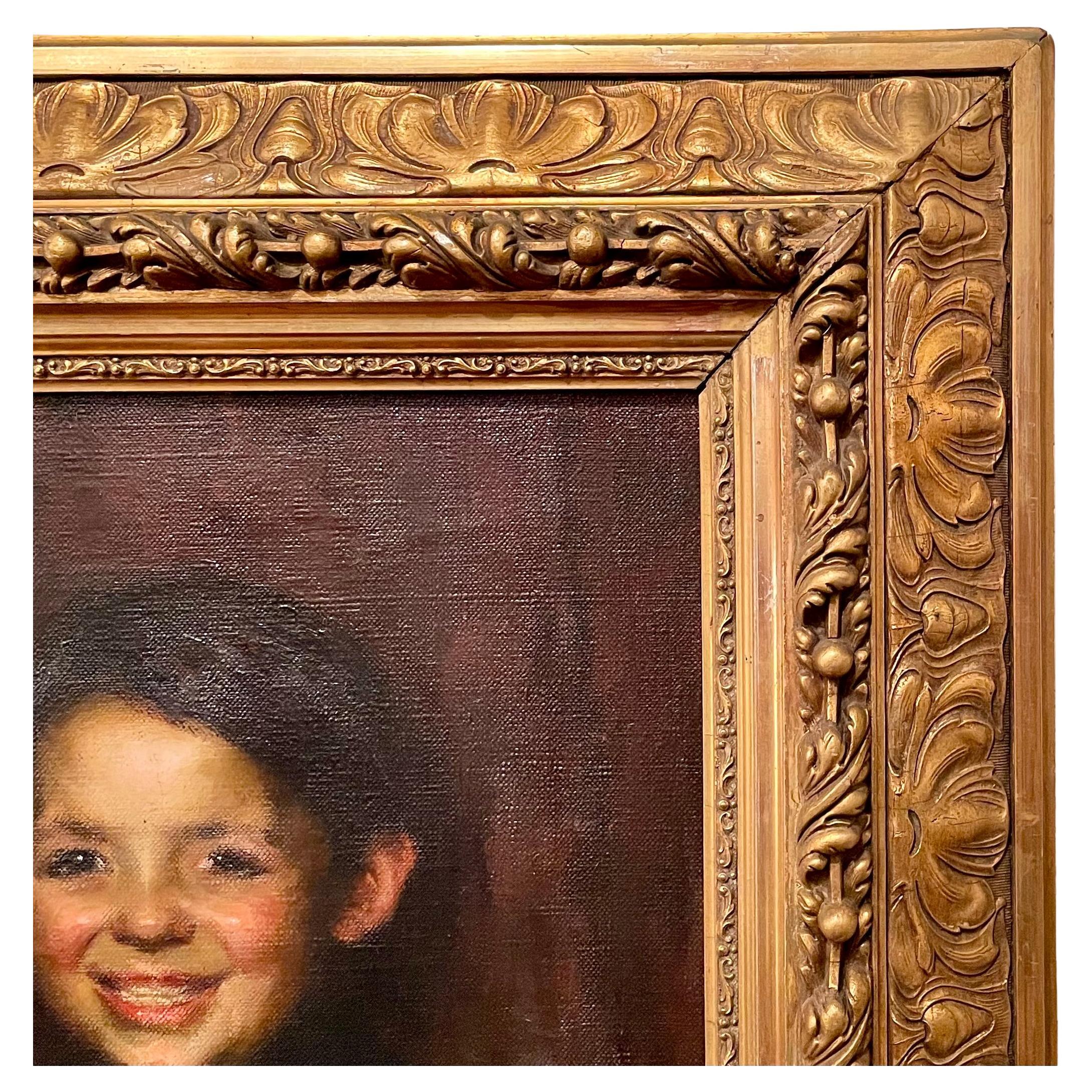 Pair Antique Framed Oil on Canvas Portrait Paintings, Circa 1900. For Sale 4