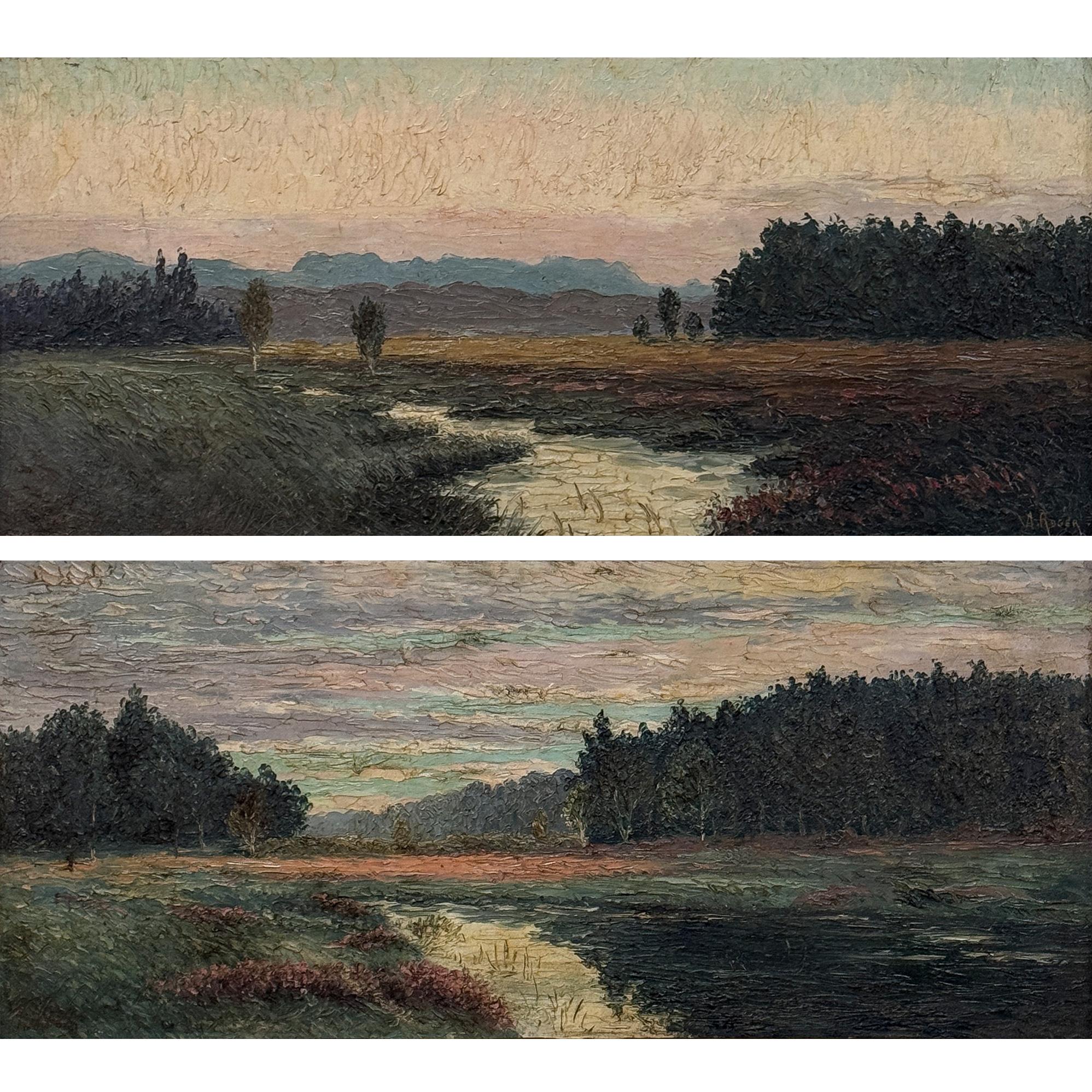 Pair Antique Framed Oil Paintings on Board by A. Roger are splendid post-impressionist works on an unusually wide format, capturing the essence of the pastoral scene with aplomb!  In both scenes a tranquil creek leads the viewer into the scene, as
