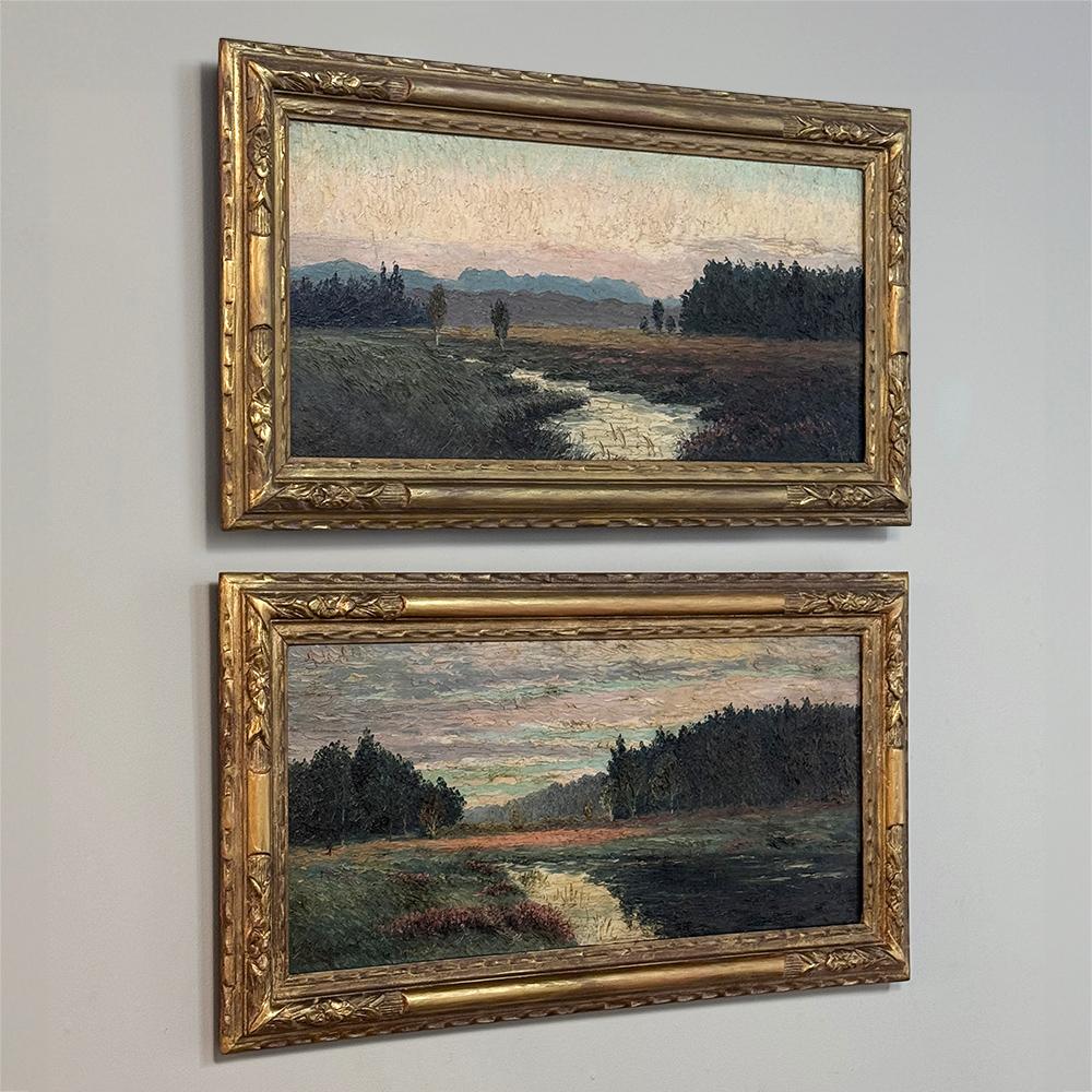 Rustic Pair Antique Framed Oil Paintings on Board by A. Roger