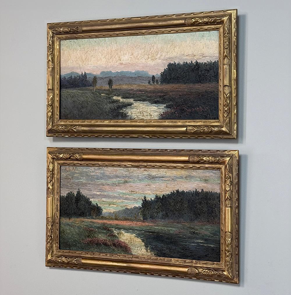 French Pair Antique Framed Oil Paintings on Board by A. Roger