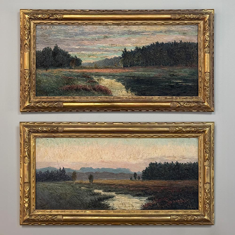 Hand-Painted Pair Antique Framed Oil Paintings on Board by A. Roger
