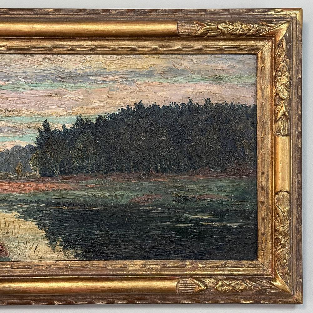 Wood Pair Antique Framed Oil Paintings on Board by A. Roger