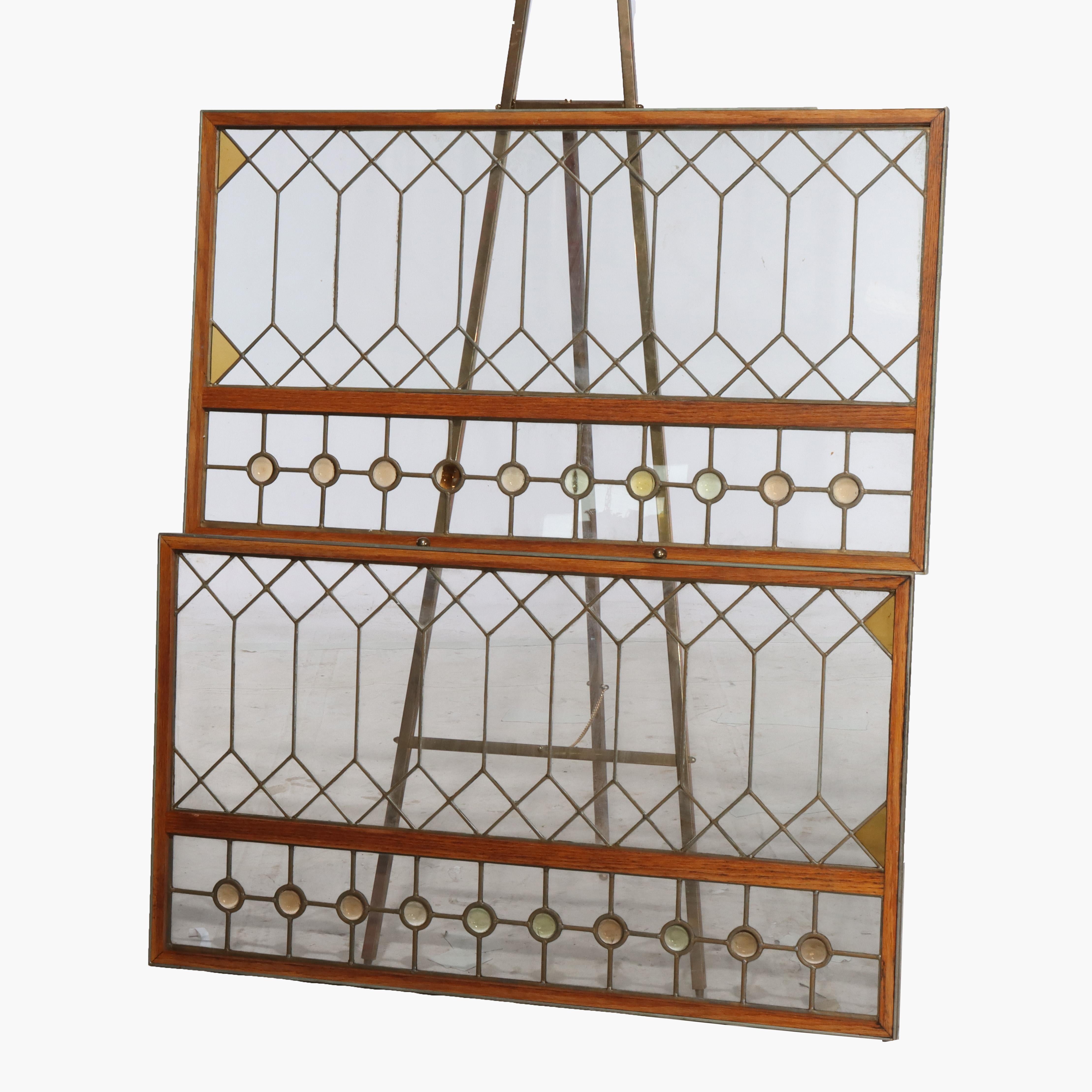 ***Reduced In-House Delivery Rates - Click on “Ask Seller” to Request a Quote***
Pair Antique Frank Lloyd Wright School Arts & Crafts Leaded Glass Windows With Amber Bullseye Rondelles C1920.     
Measures - 26 1/2