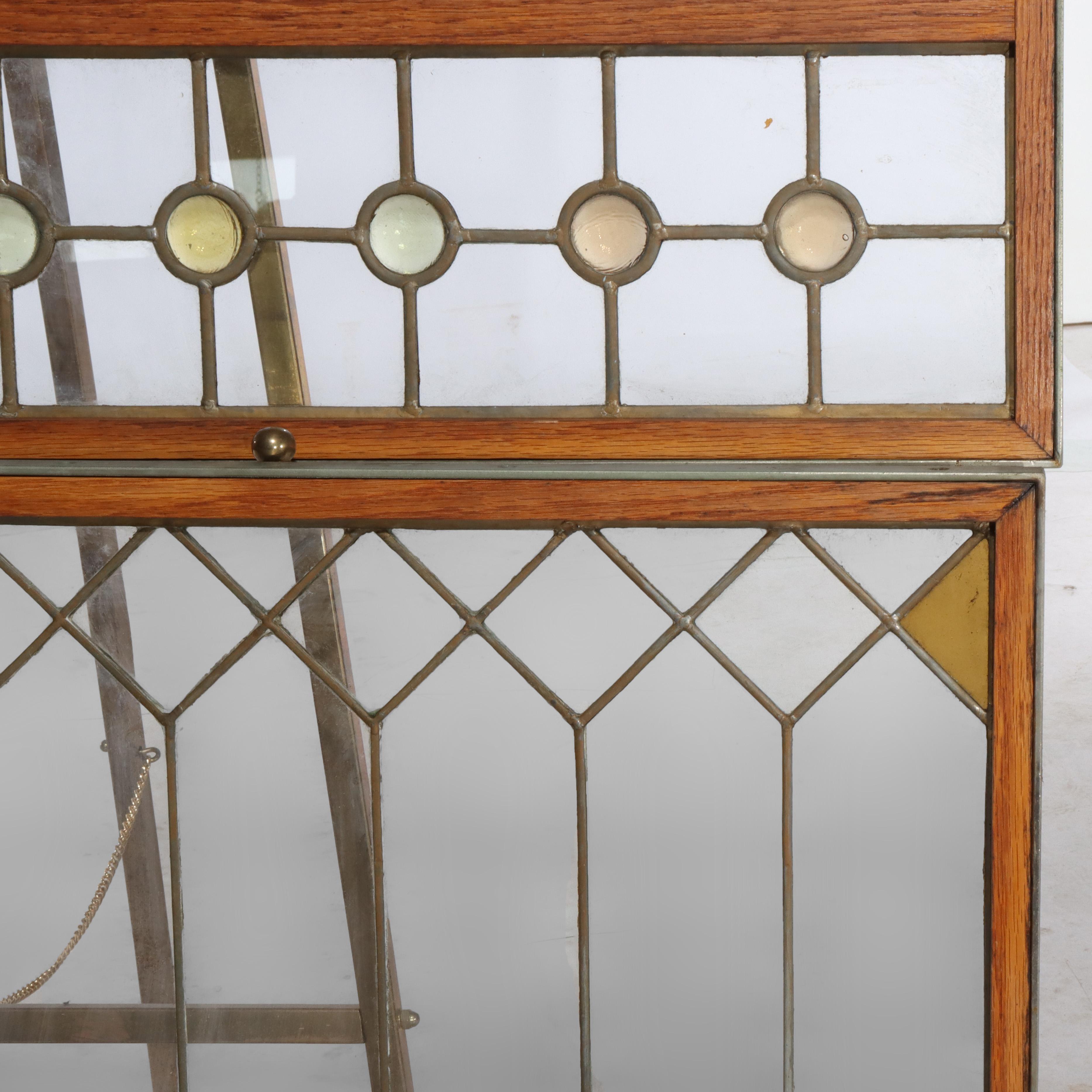 20th Century Pair Antique Frank Lloyd Wright School Arts & Crafts Leaded Glass Windows c1920 For Sale