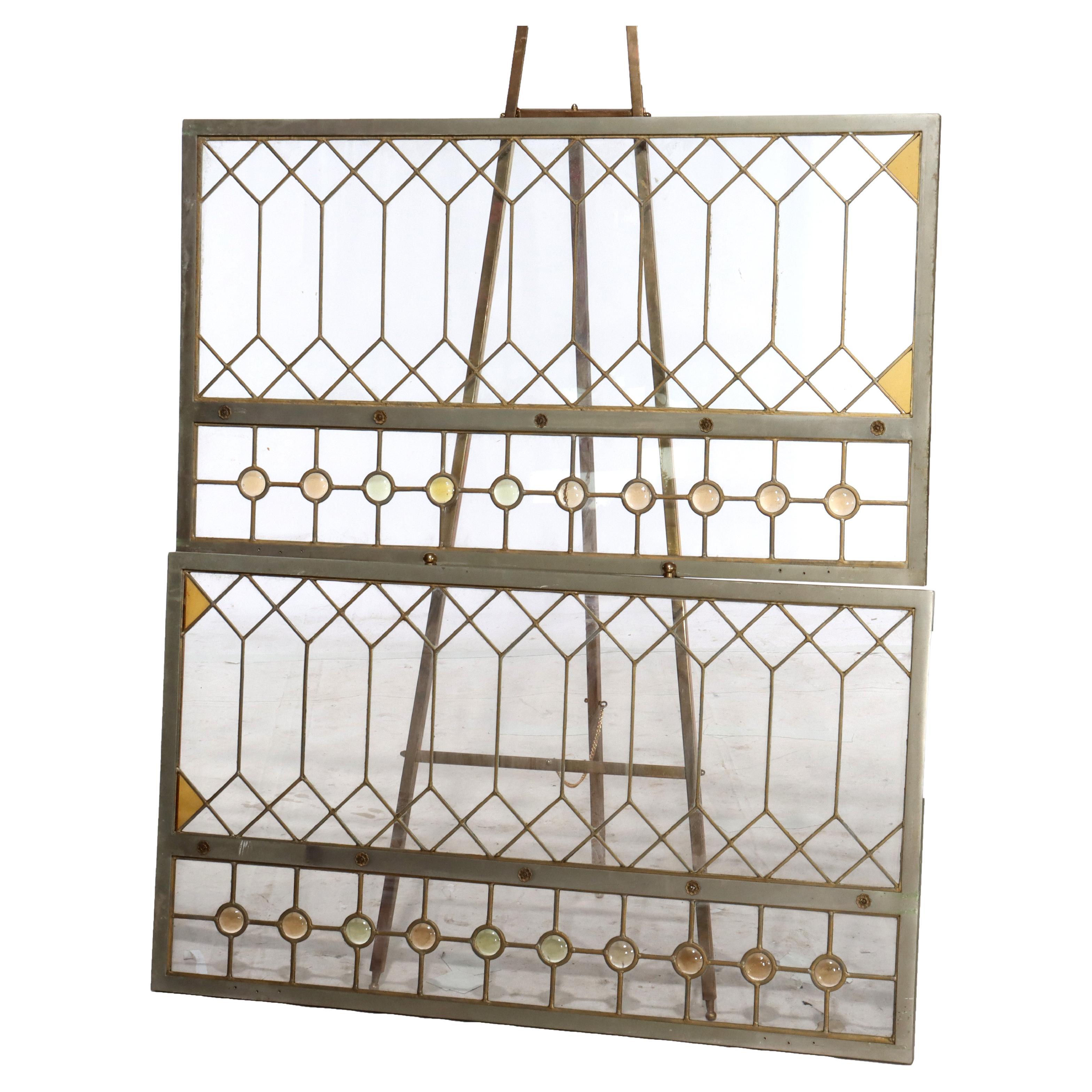 Pair Antique Frank Lloyd Wright School Arts & Crafts Leaded Glass Windows c1920 For Sale