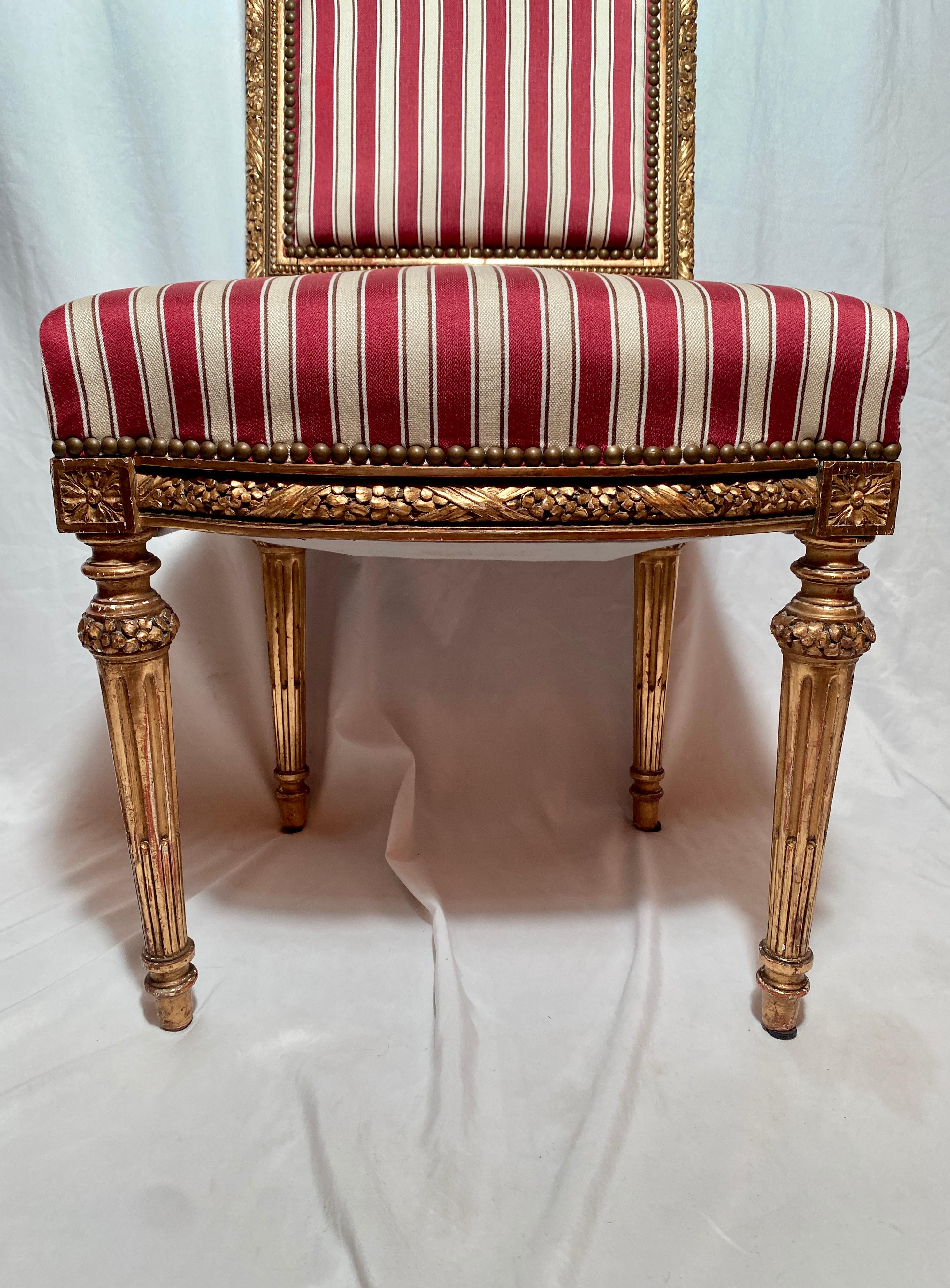 18th Century and Earlier Pair Antique French 18th Century Louis XVI Side Chairs, Carved Wood with Gold For Sale