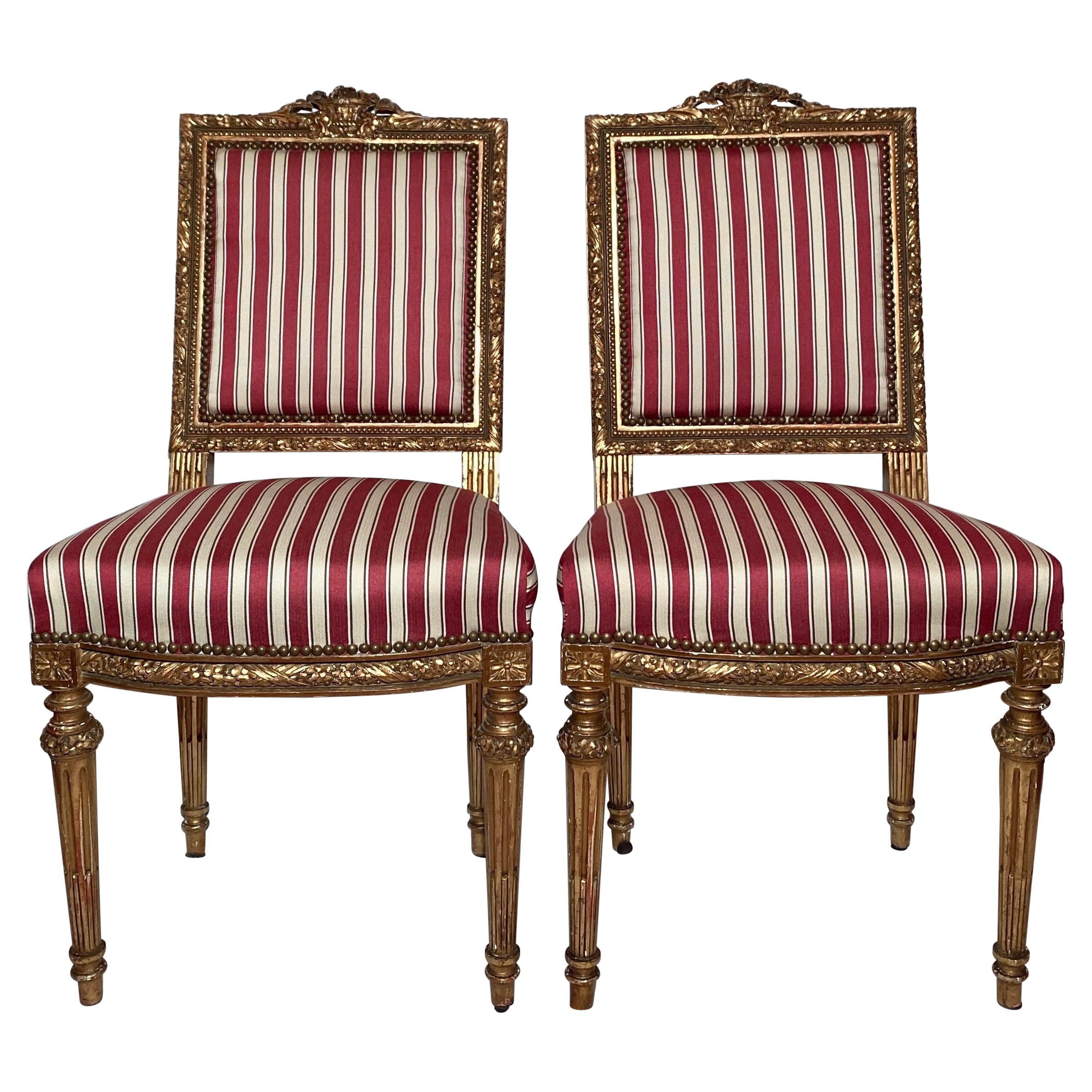 Pair Antique French 18th Century Louis XVI Side Chairs, Carved Wood with Gold