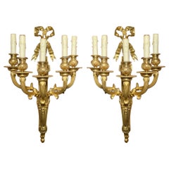 Coppia Antique French 19th Century Bronze D'ore 5-Light Sconces circa 1875-1885