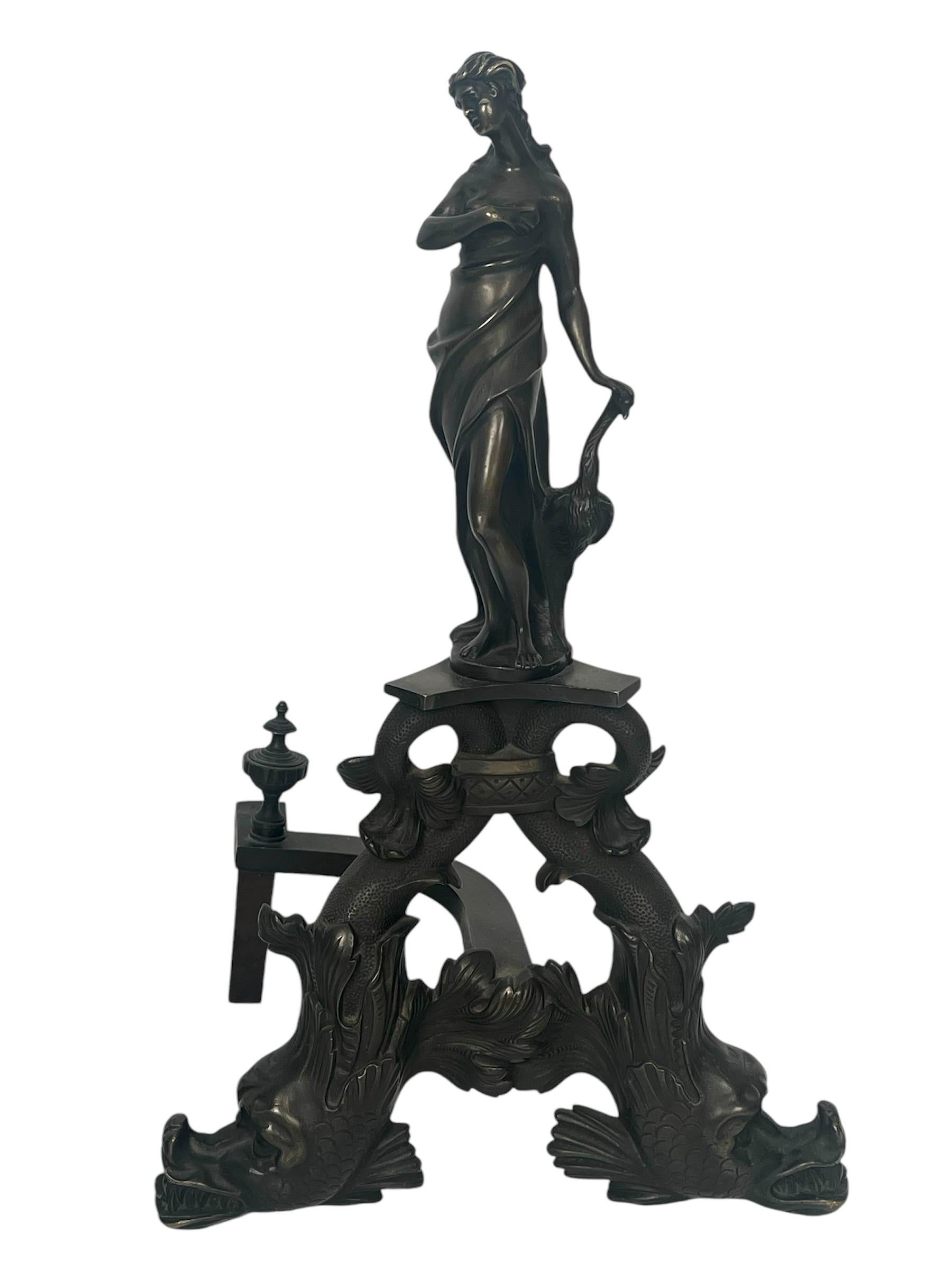 Néo-classique Paire de chenets figuratifs français anciens en bronze du 19ème siècle en vente