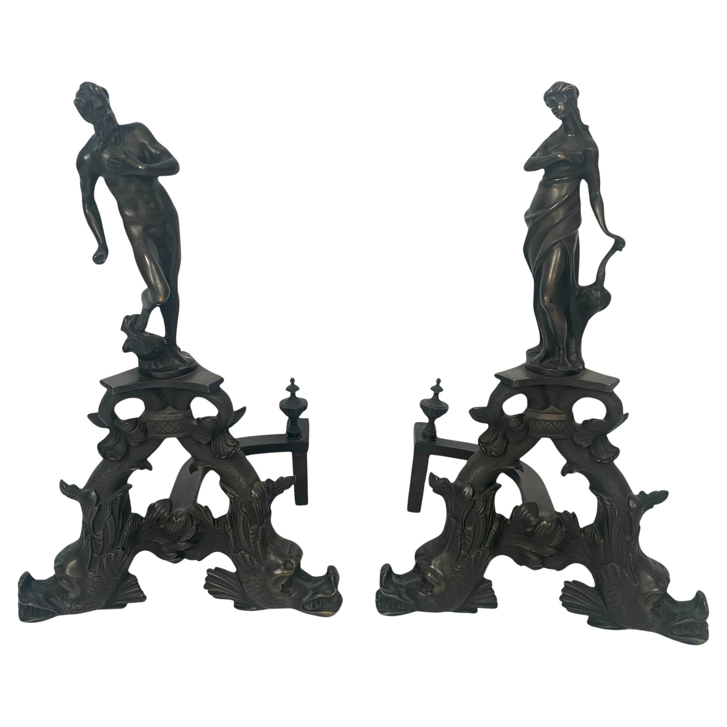 Par Antique French 19th Century Bronce Figural Andirons