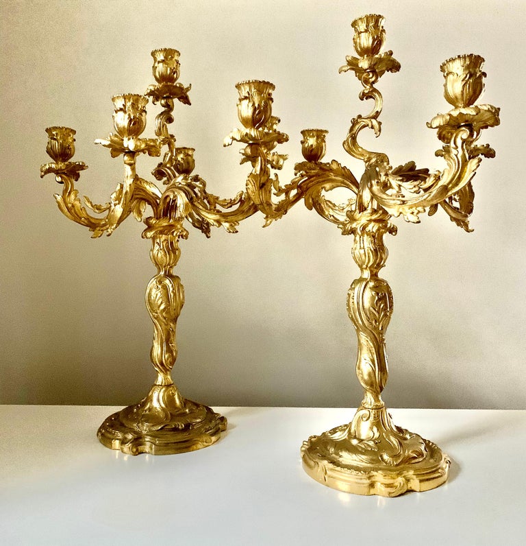 Pair Antique French 19th Century Gilt Bronze Louis XV Style Candelabra For Sale 11