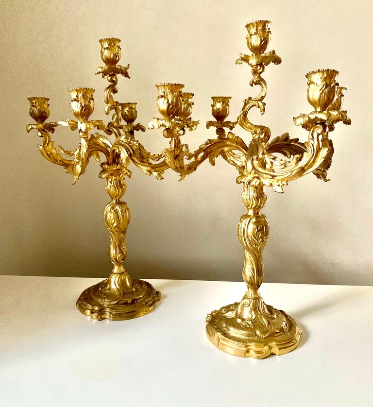 Pair Antique French 19th Century Gilt Bronze Louis XV Style Candelabra For Sale 12