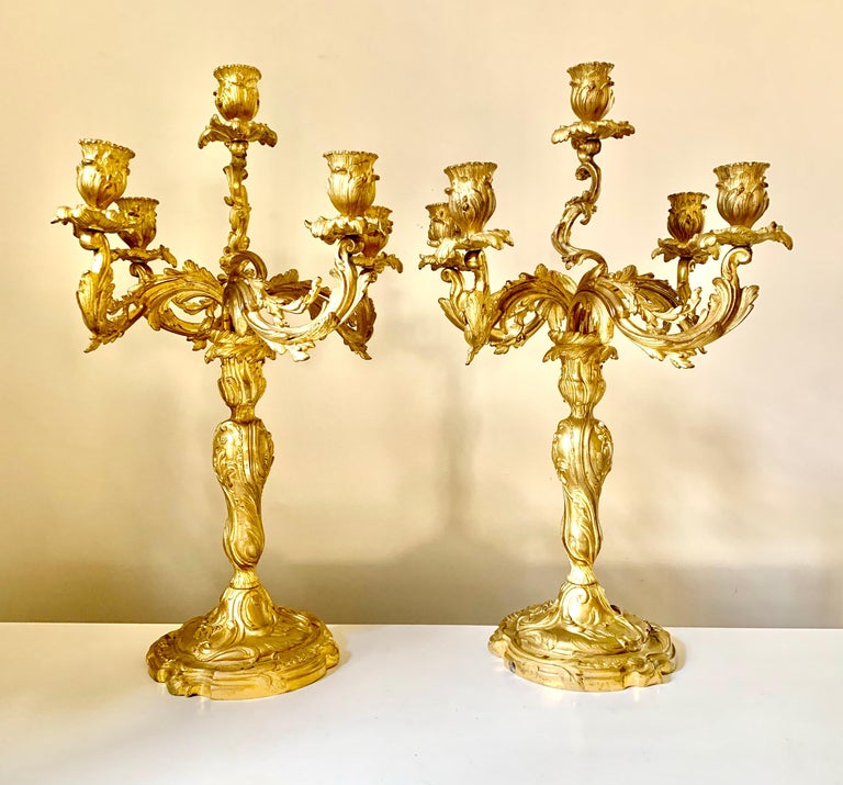 Pair Antique French 19th Century Gilt Bronze Louis XV Style Candelabra For Sale 14
