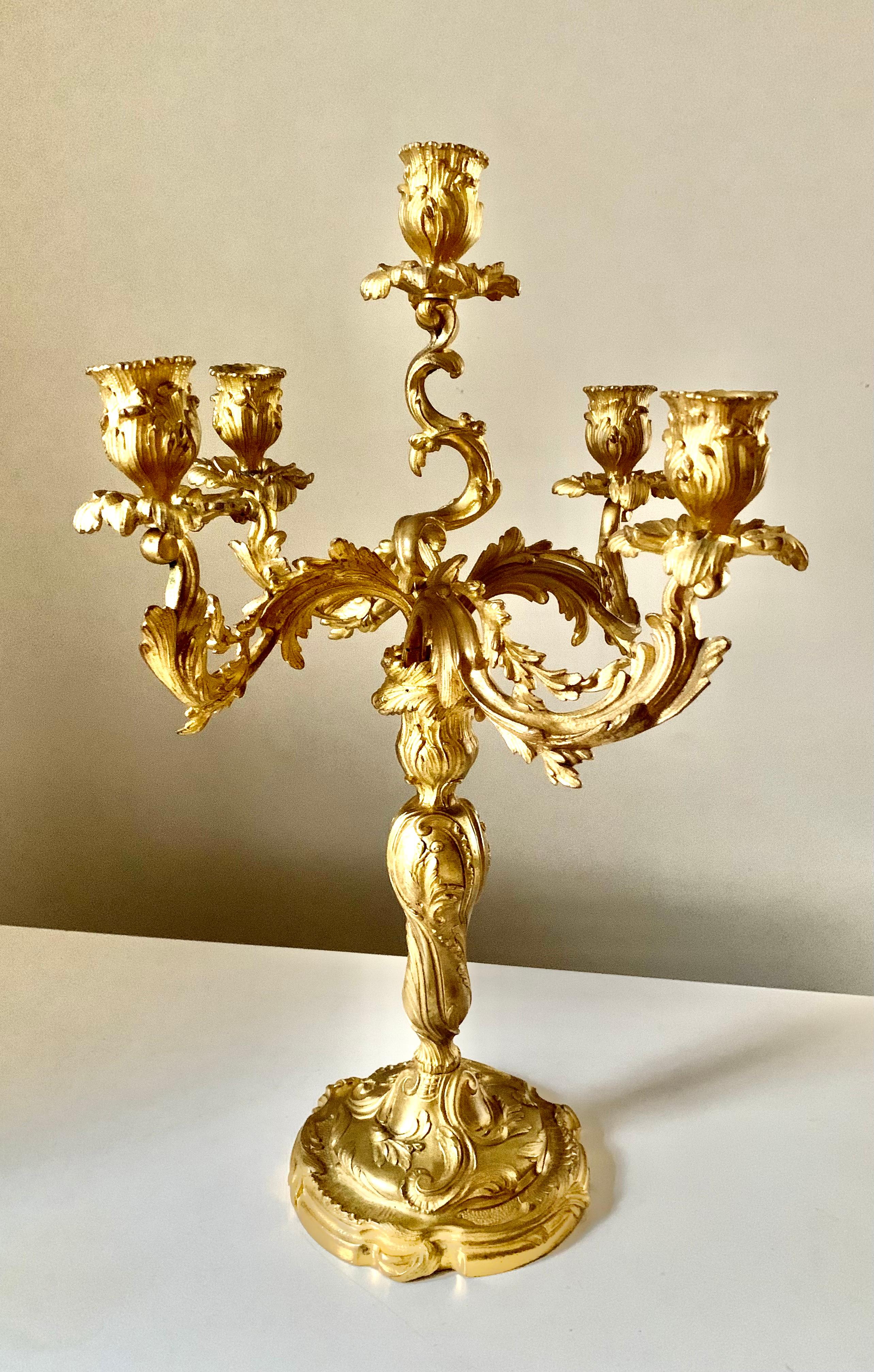 Pair Antique French 19th Century Gilt Bronze Louis XV Style Candelabra For Sale 1