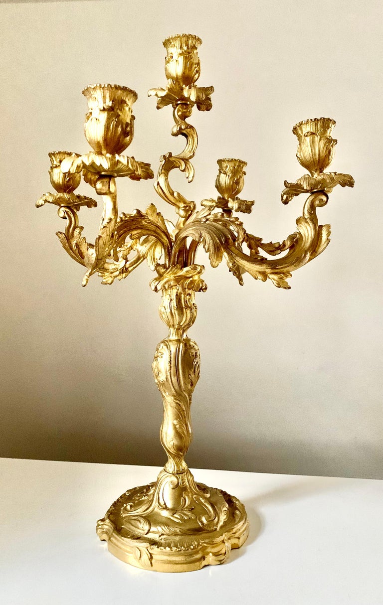Pair Antique French 19th Century Gilt Bronze Louis XV Style Candelabra For Sale 4