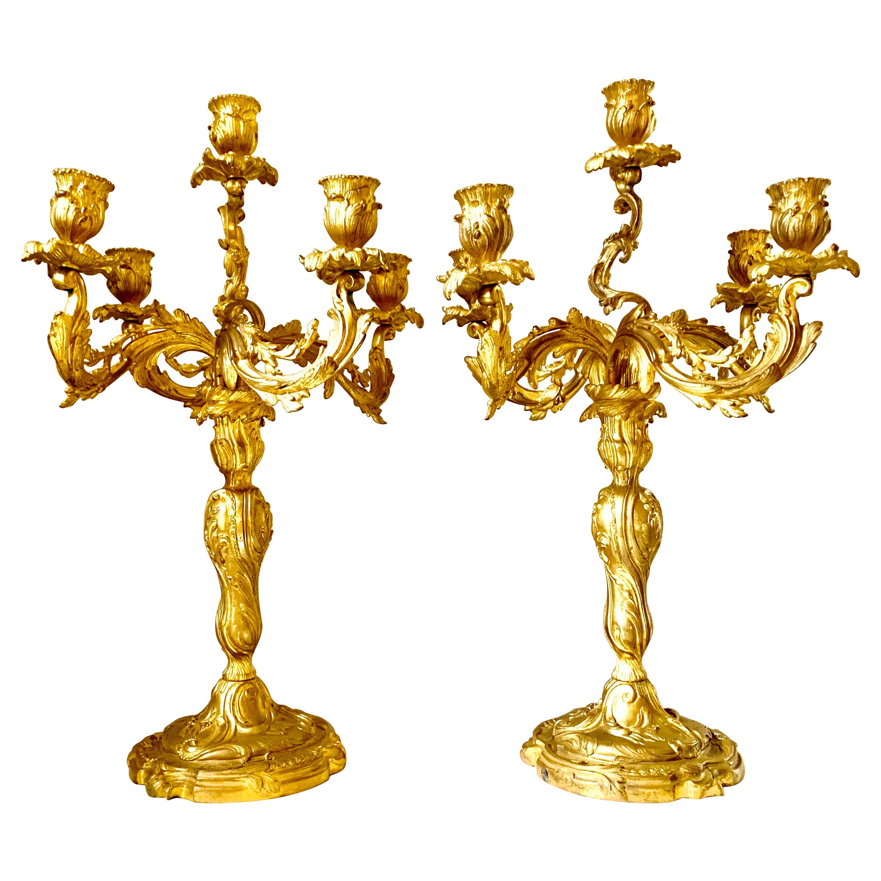 Pair Antique French 19th Century Gilt Bronze Louis XV Style Candelabra