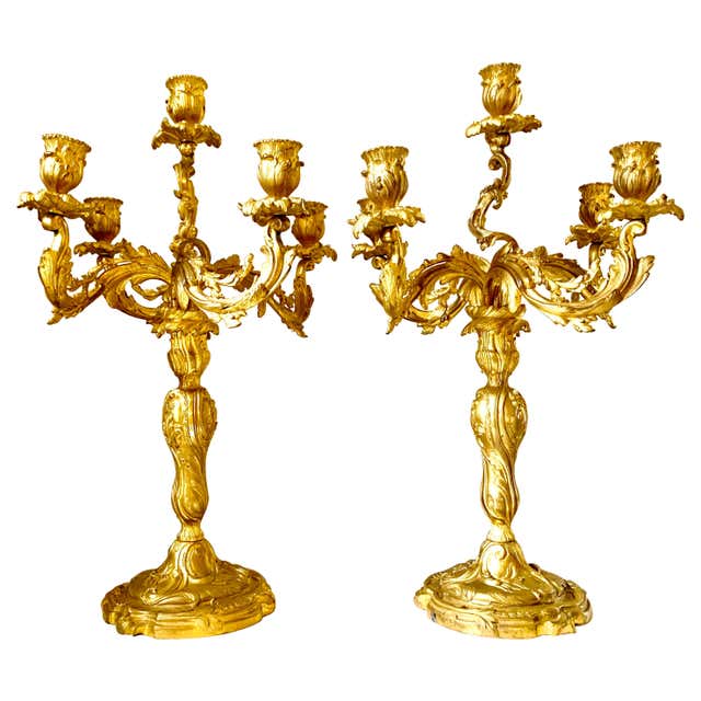 European Rococo Chair Pair of Gilt Bronze and Brass Rococo Five-Light Candelabra with Putti ...