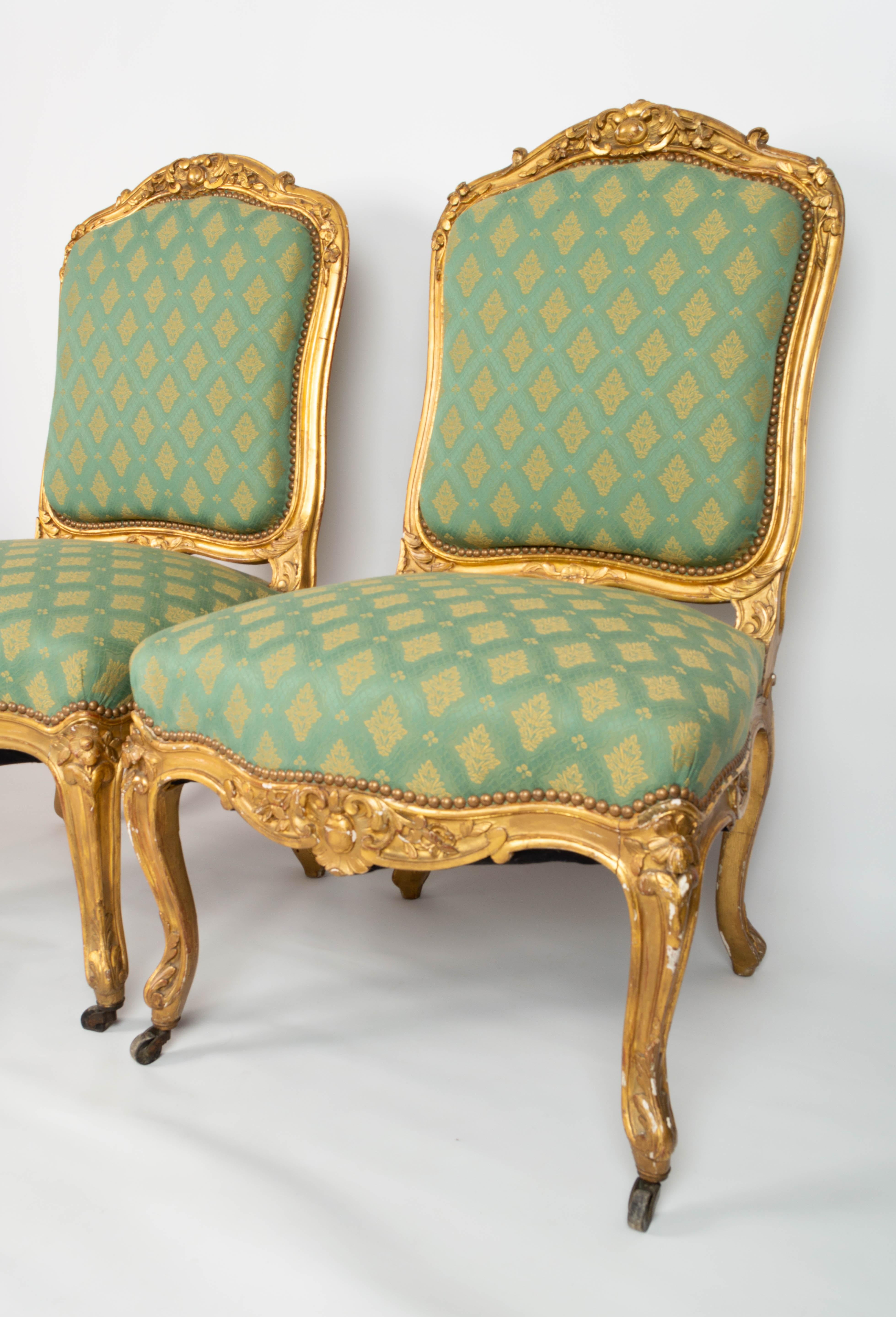 Pair Antique French 19th Century Louis XV Style Giltwood Salon Chairs C.1870 In Good Condition For Sale In London, GB