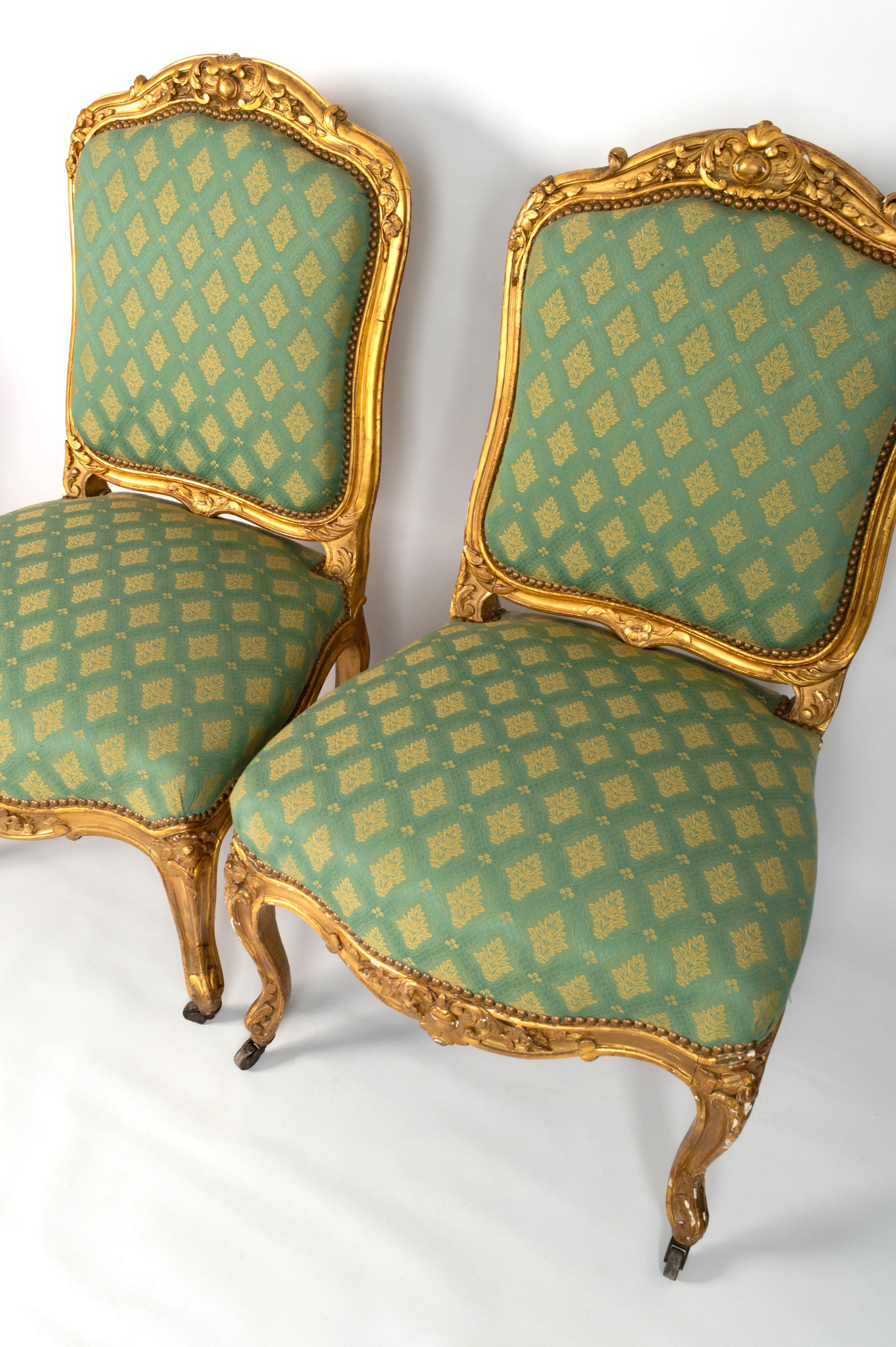 Upholstery Pair Antique French 19th Century Louis XV Style Giltwood Salon Chairs C.1870 For Sale