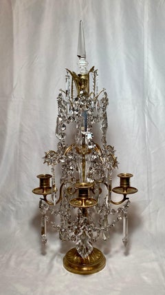 Pair Antique French 4 Light Gold Bronze and Crystal Girandoles, Circa 1870-1880