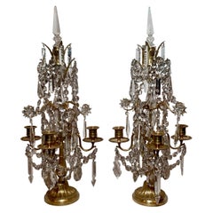 Pair Antique French 4 Light Gold Bronze and Crystal Girandoles, Circa 1870-1880