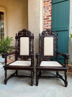PAIR Antique French Arm Chairs Dining Renaissance Carved Oak Bird Black Forest