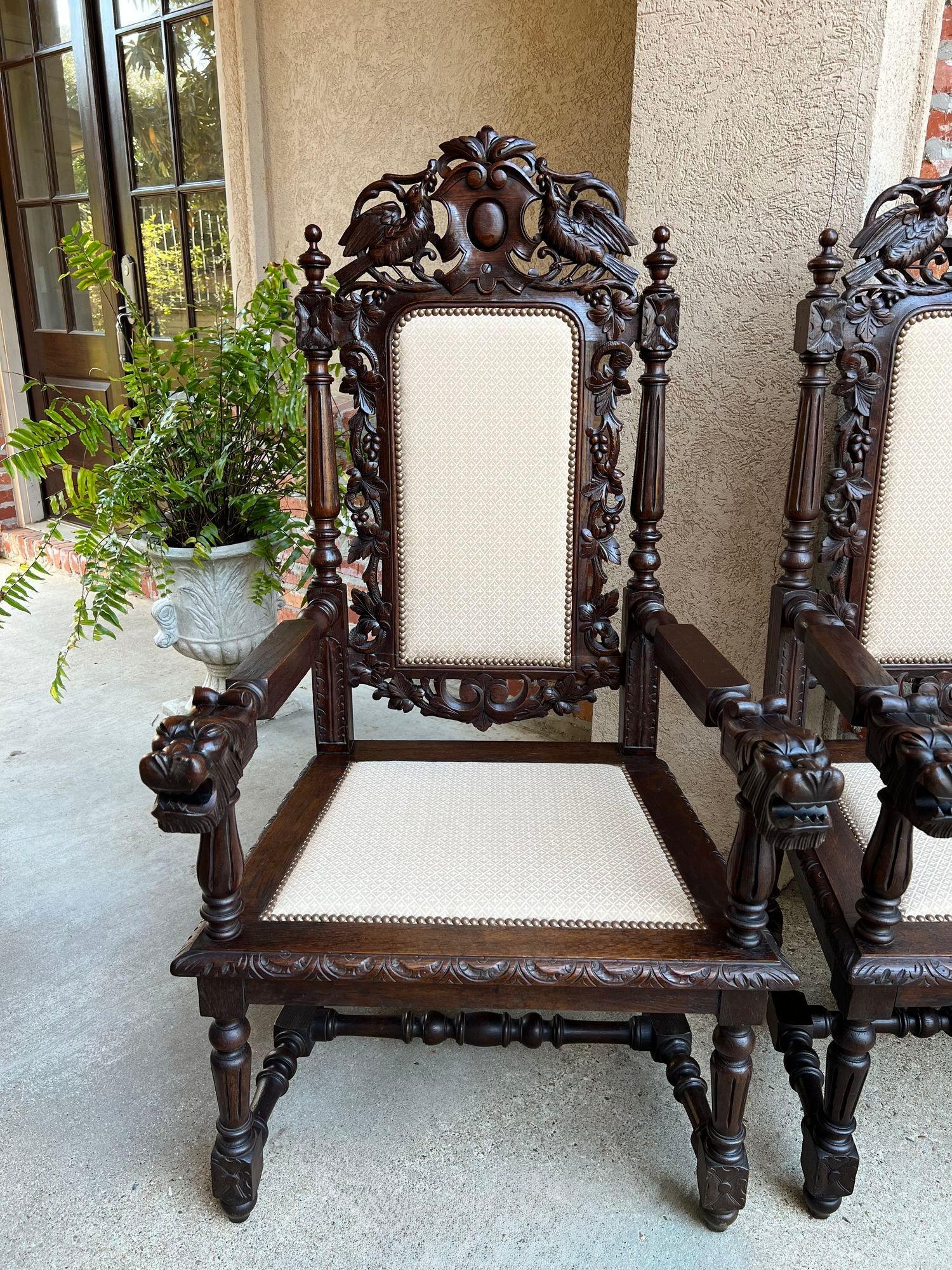 Francese COPPIA Antique French Arm Chair Dining Renaissance Carved Oak Bird Black Forest in vendita