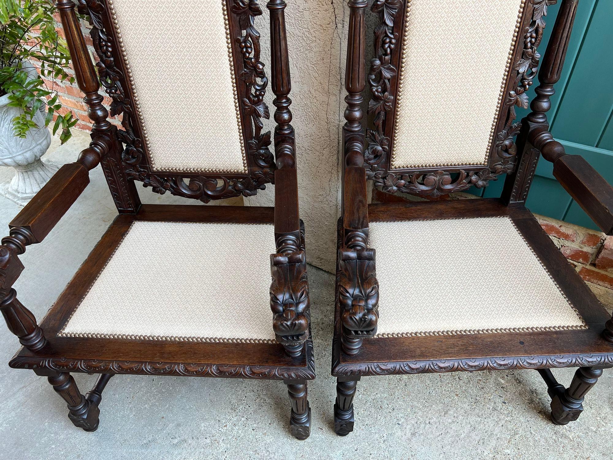 XIX secolo COPPIA Antique French Arm Chair Dining Renaissance Carved Oak Bird Black Forest in vendita