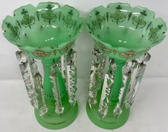 Pair Antique French "Art Nouveau" Green & Gold Opaline Glass Lustres, Circa 1910