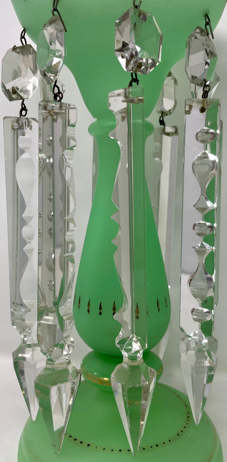 Pair Antique French "Art Nouveau" Green and Gold Opaline Glass Lustres