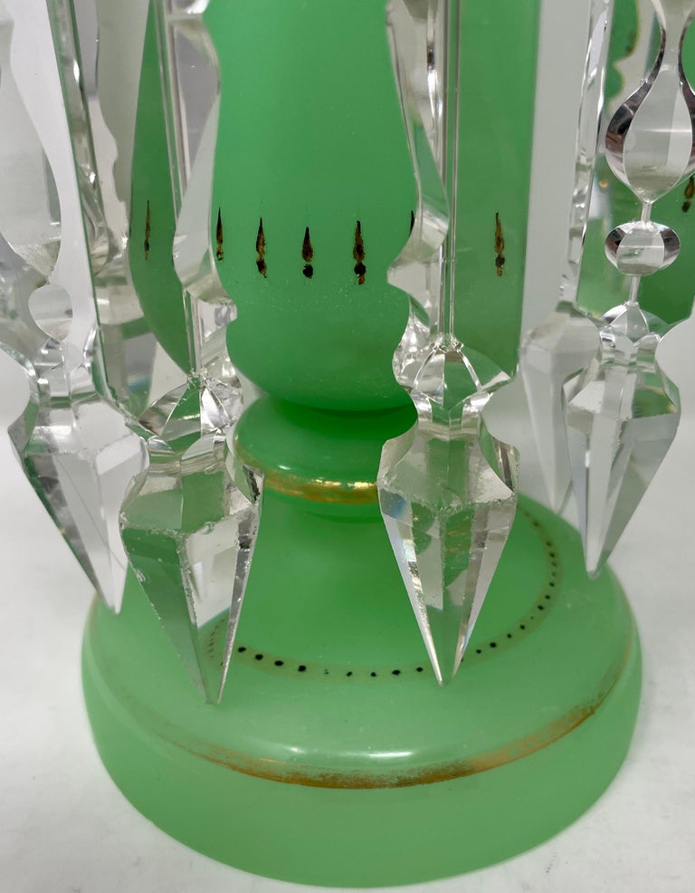 Pair Antique French "Art Nouveau" Green and Gold Opaline Glass Lustres