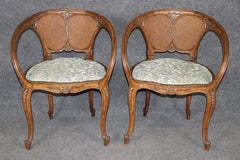 Pair Antique French Art Noveau Carved wood Cane Back Armchairs