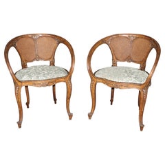 Pair Antique French Art Noveau Carved wood Cane Back Armchairs