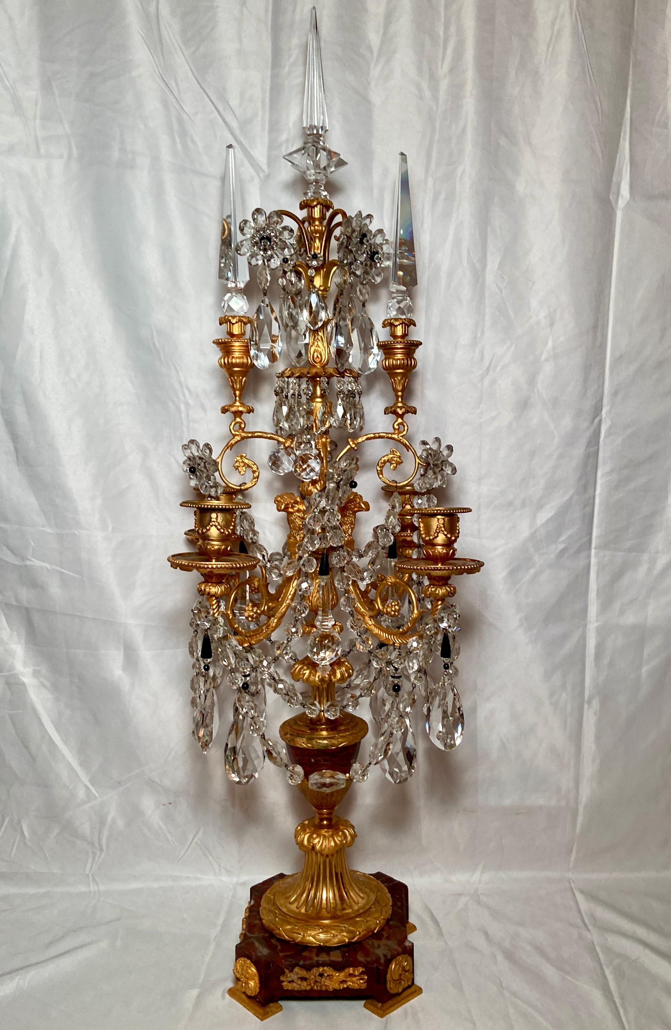 Pair Antique French baccarat crystal and bronze D'Ore marble base candelabra.