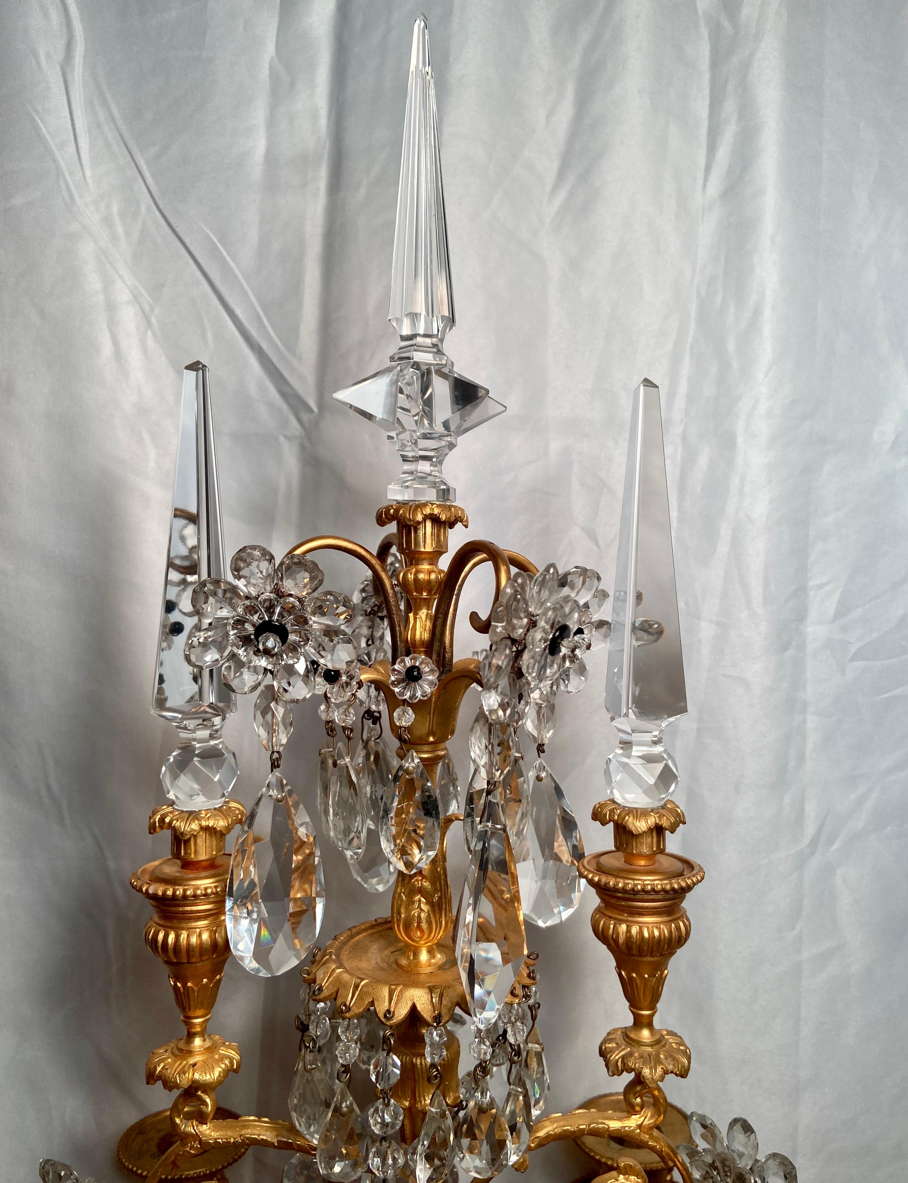 Pair Antique French Baccarat Crystal and Bronze D'ore Marble Base Candelabra In Good Condition In New Orleans, LA