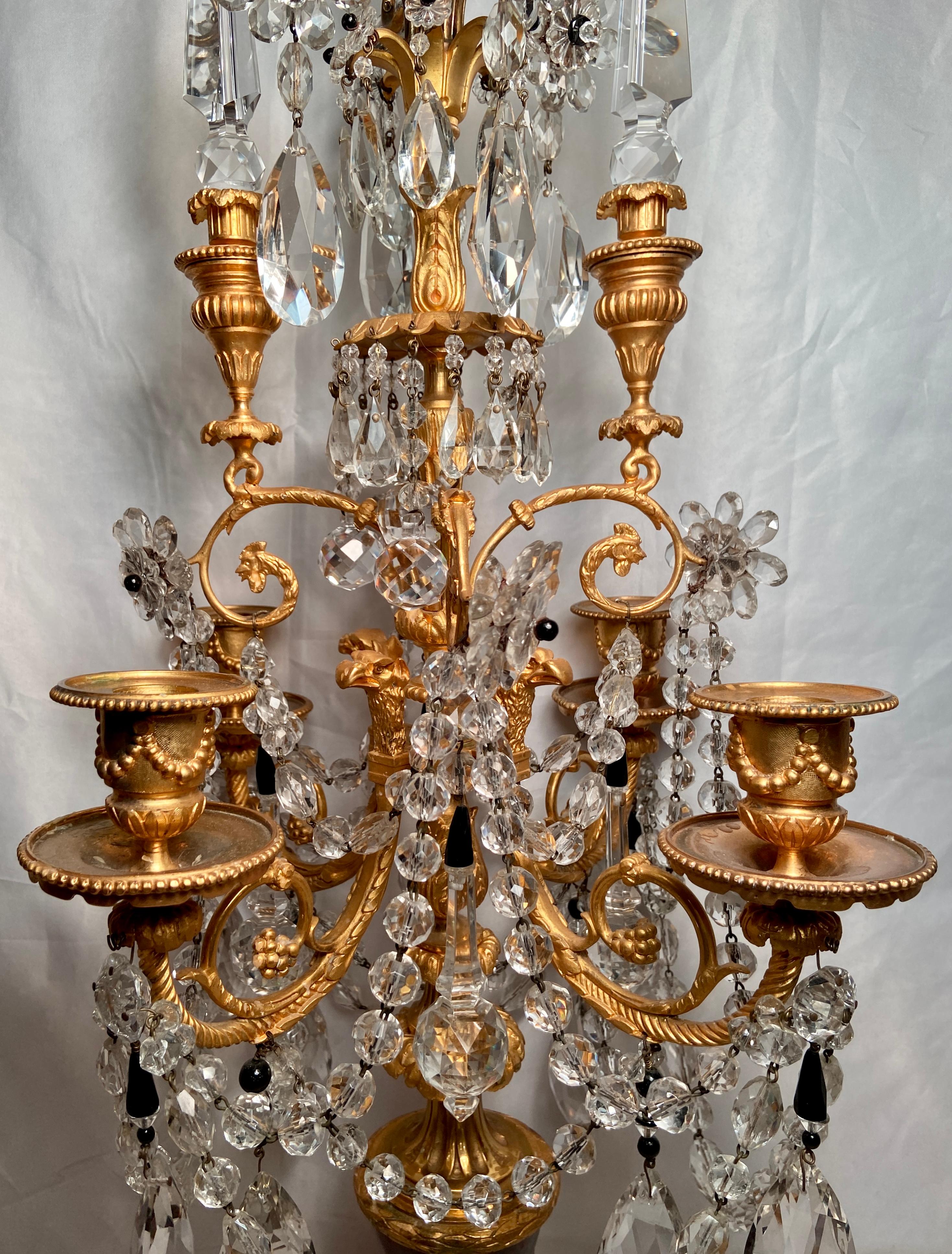 19th Century Pair Antique French Baccarat Crystal and Bronze D'ore Marble Base Candelabra