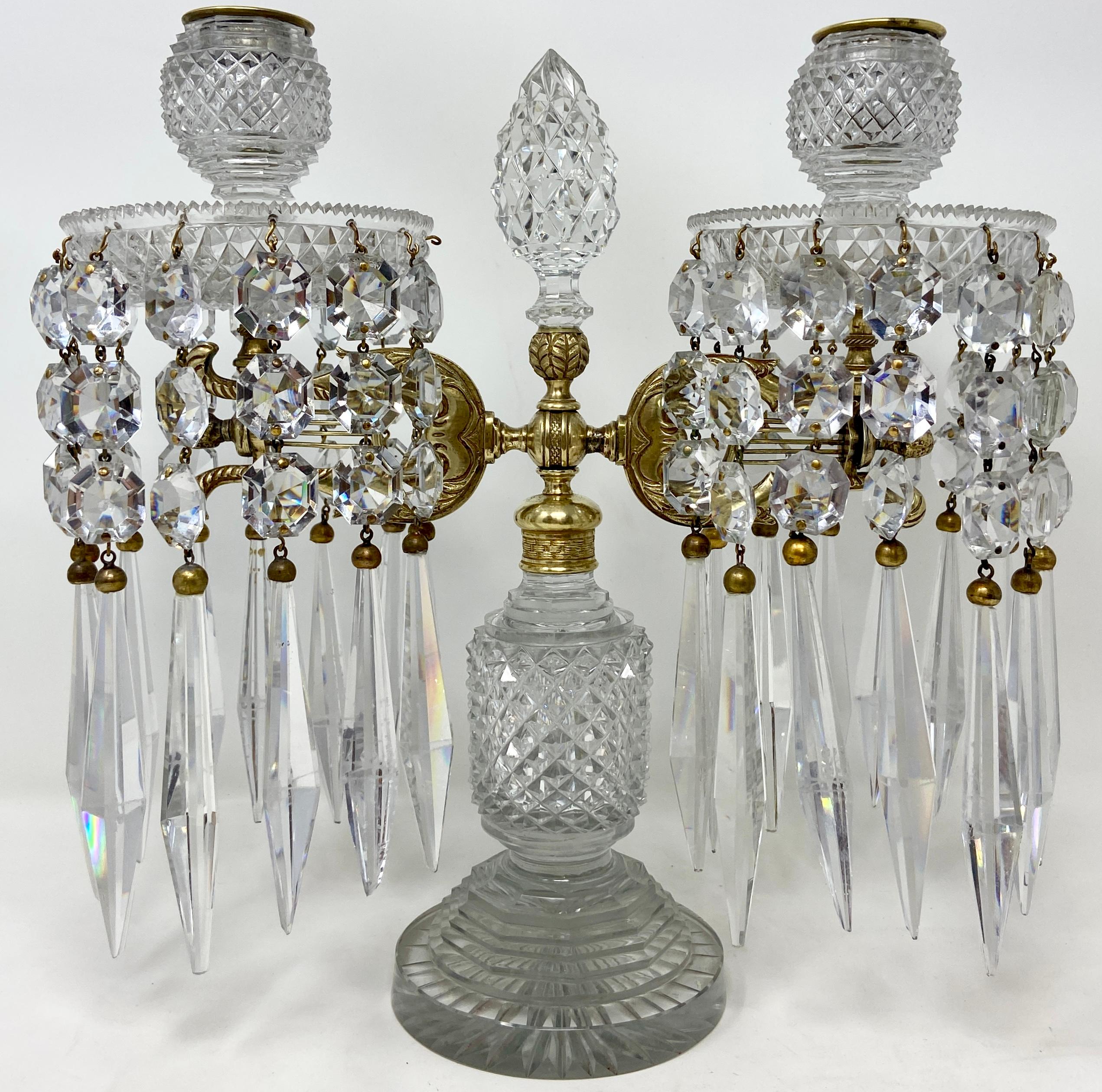 Pair splendid Antique French Baccarat crystal and gold bronze candelabra, Circa 1860. Beautiful crystal draping.