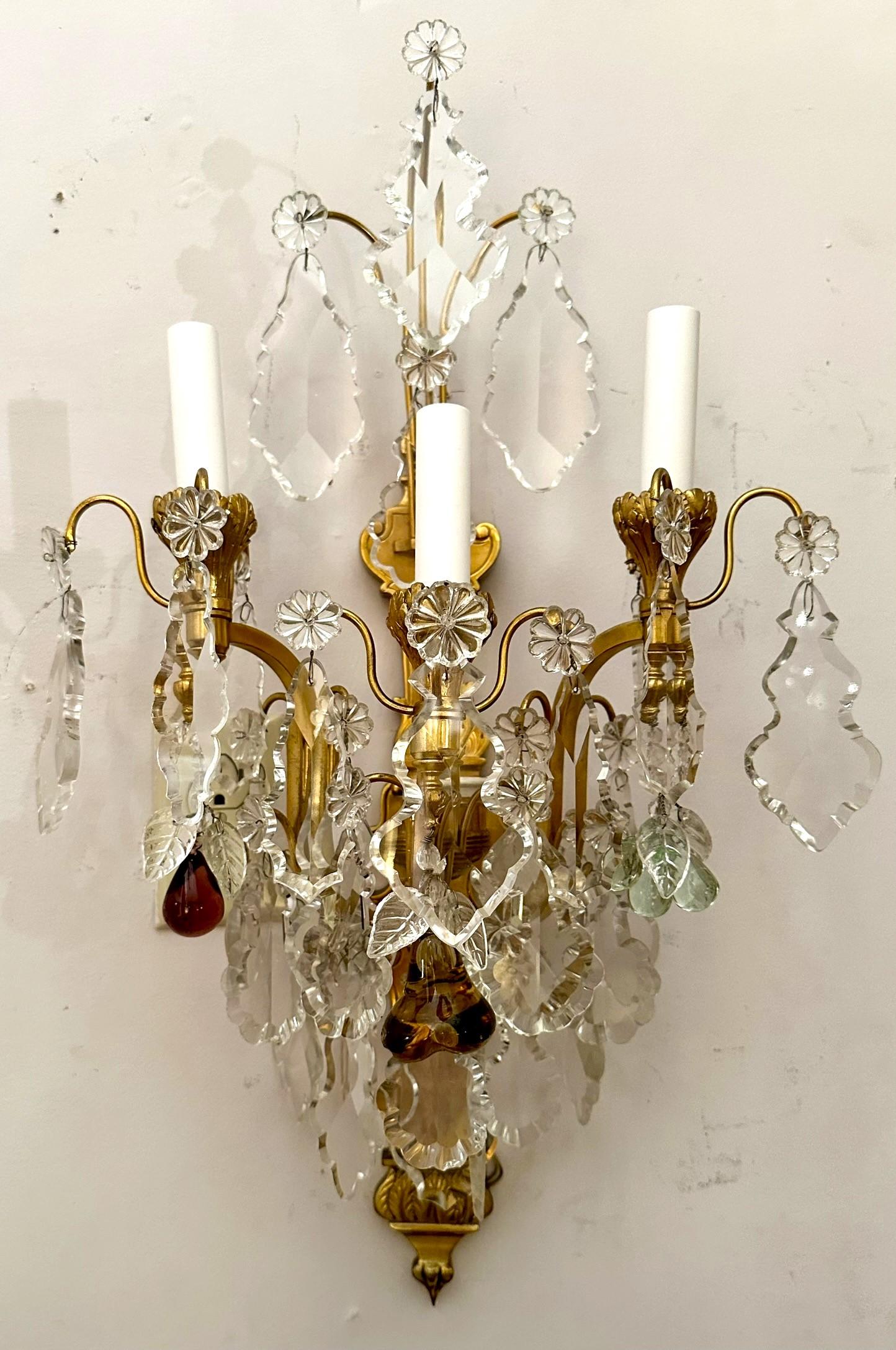 19th Century Pair Antique French Baccarat Crystal and Ormolu Sconces, Circa 1880. For Sale