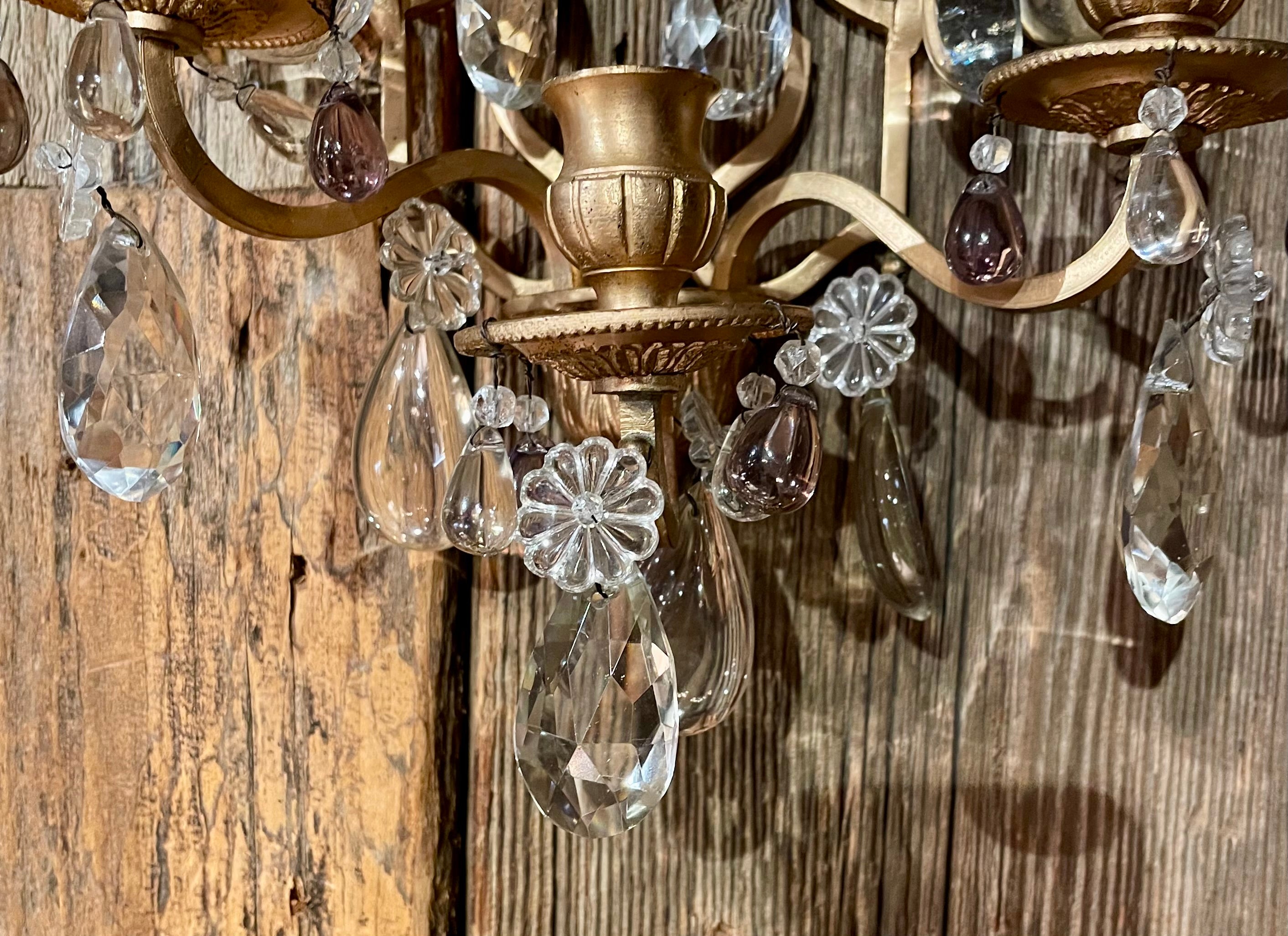 19th Century Pair Antique French Baccarat Crystal & Bronze Wall Sconces, Circa 1880. For Sale
