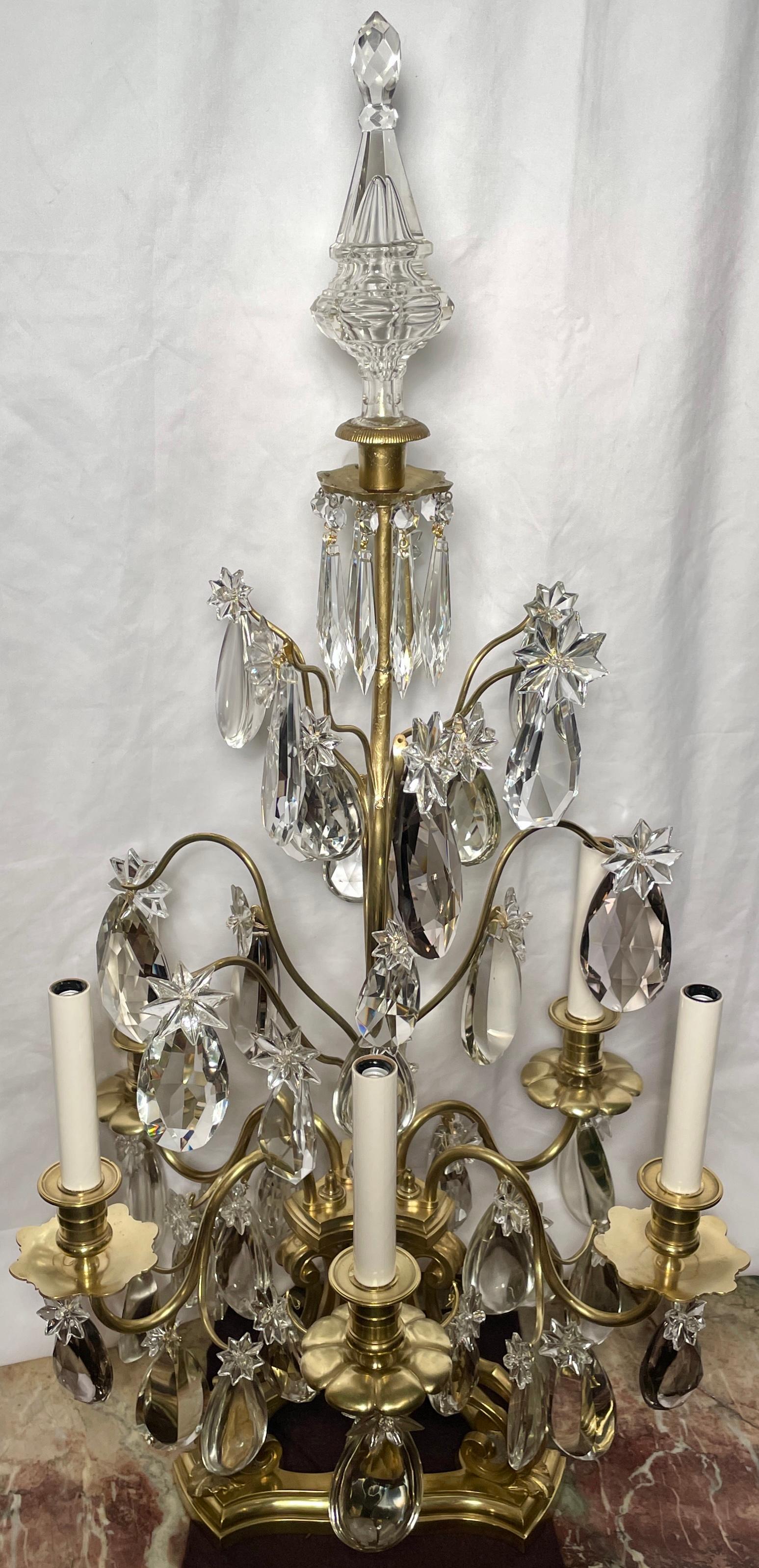 Pair Antique French Baccarat Crystal & Gold Bronze Girandoles Candelabra, C 1880 In Good Condition In New Orleans, LA