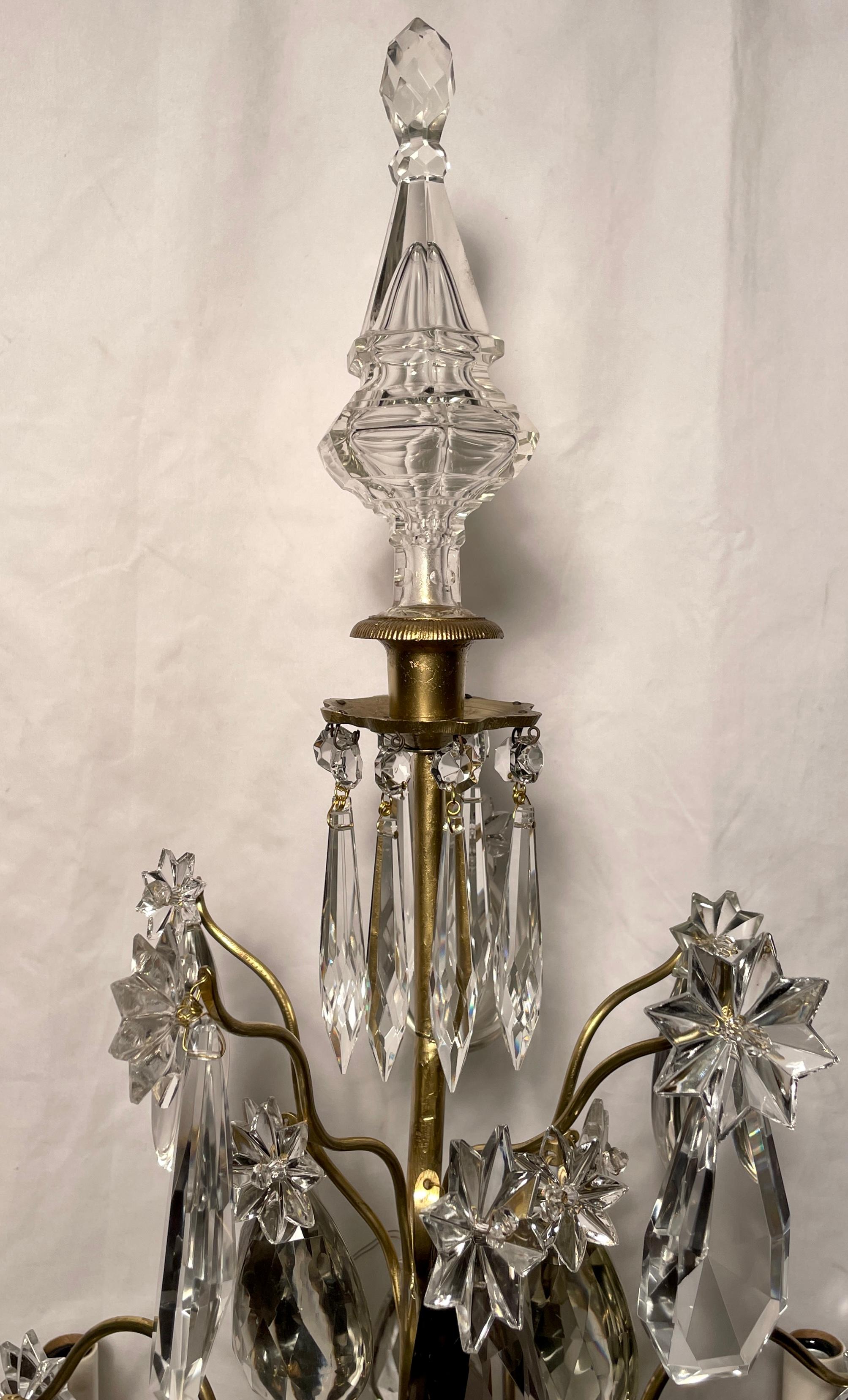 19th Century Pair Antique French Baccarat Crystal & Gold Bronze Girandoles Candelabra, C 1880