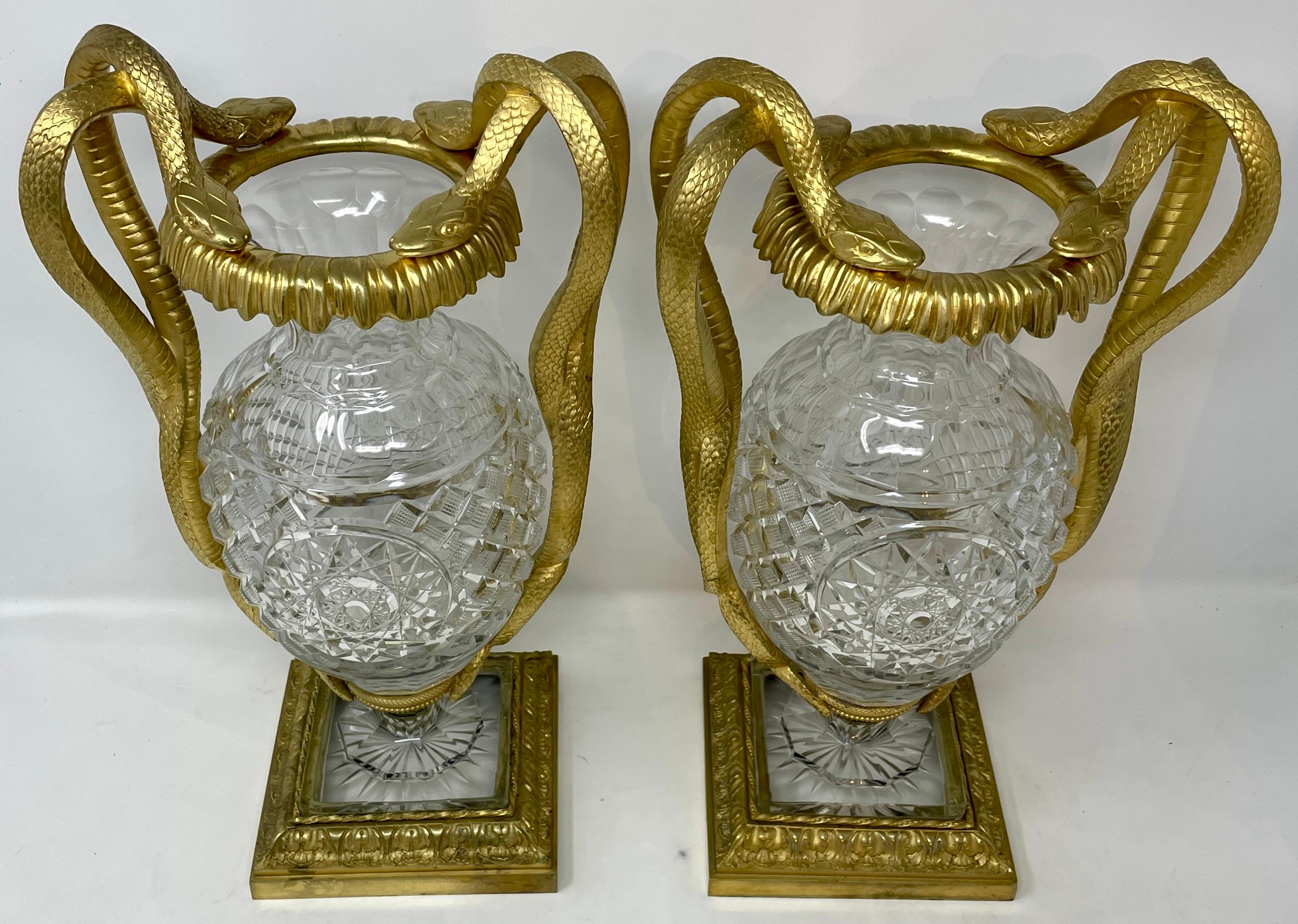 Pair antique French baccarat crystal vases with ormolu mounts, circa 1875-1880.