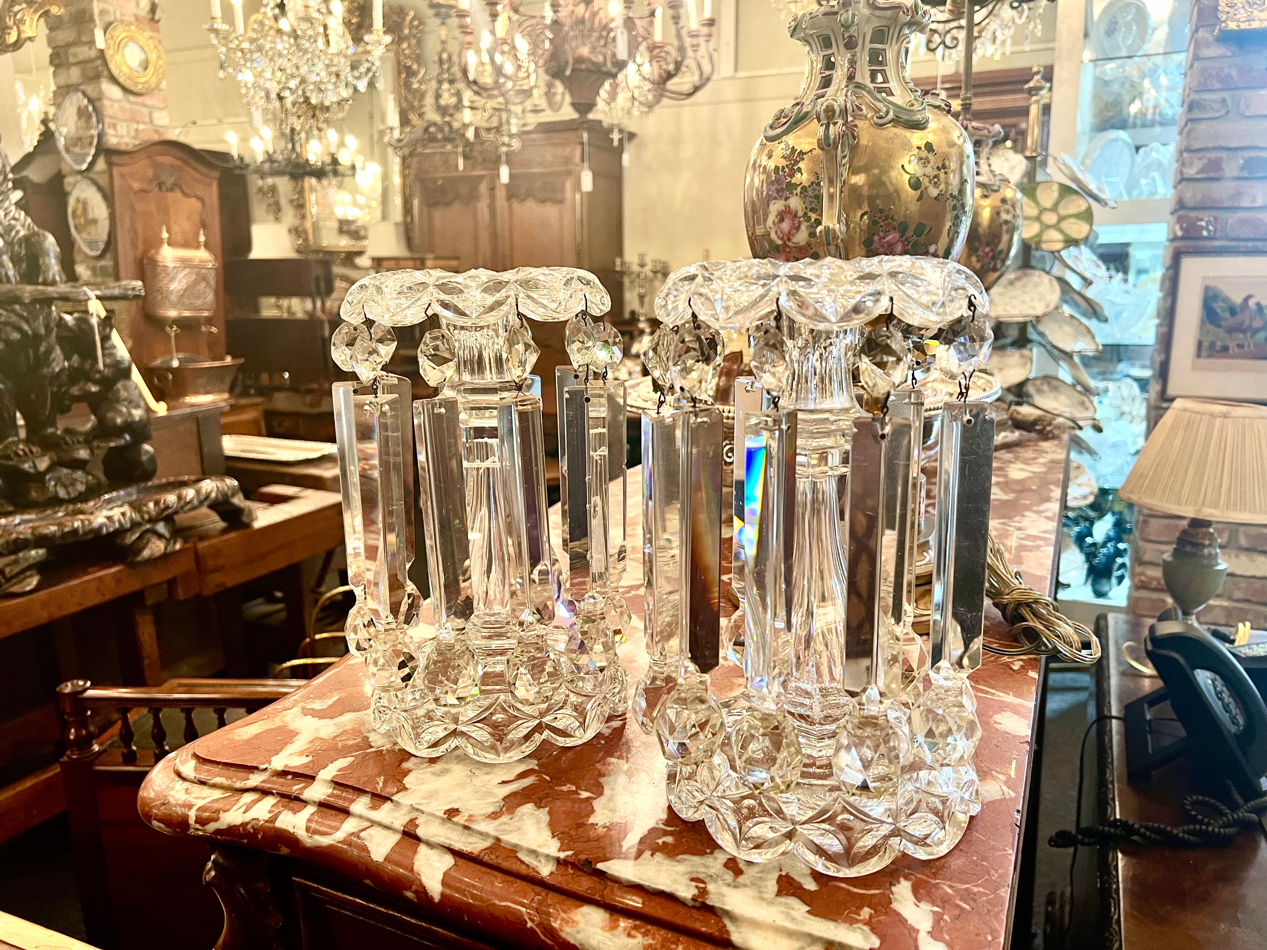 Pair Antique French Baccarat Cut Crystal Lusters or Candleholders, Circa 1860's. For Sale 1