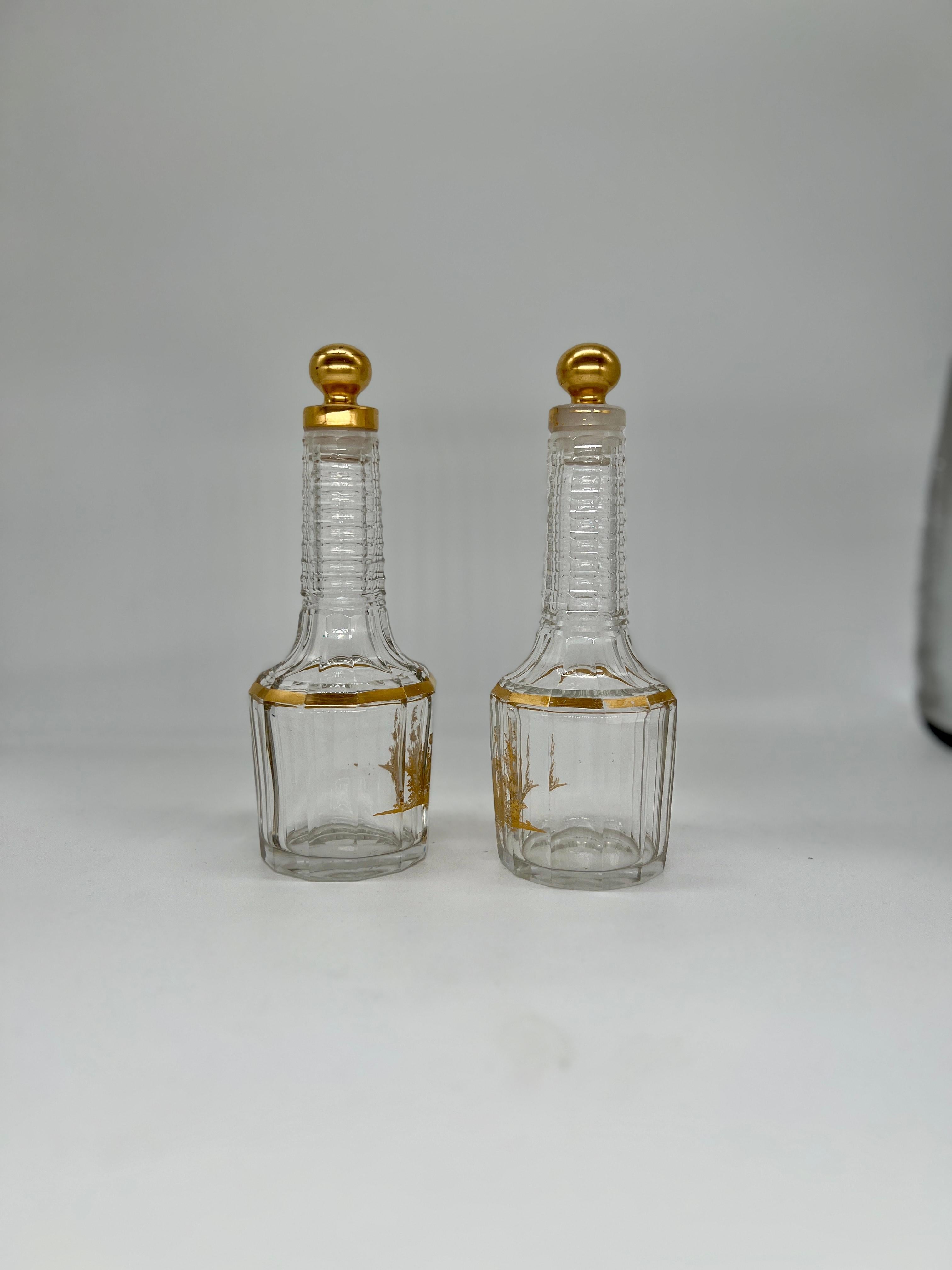 Art Nouveau Pair, Antique French Baccarat Houbigant Gilt Crystal Perfume Bottles C. 1920 For Sale