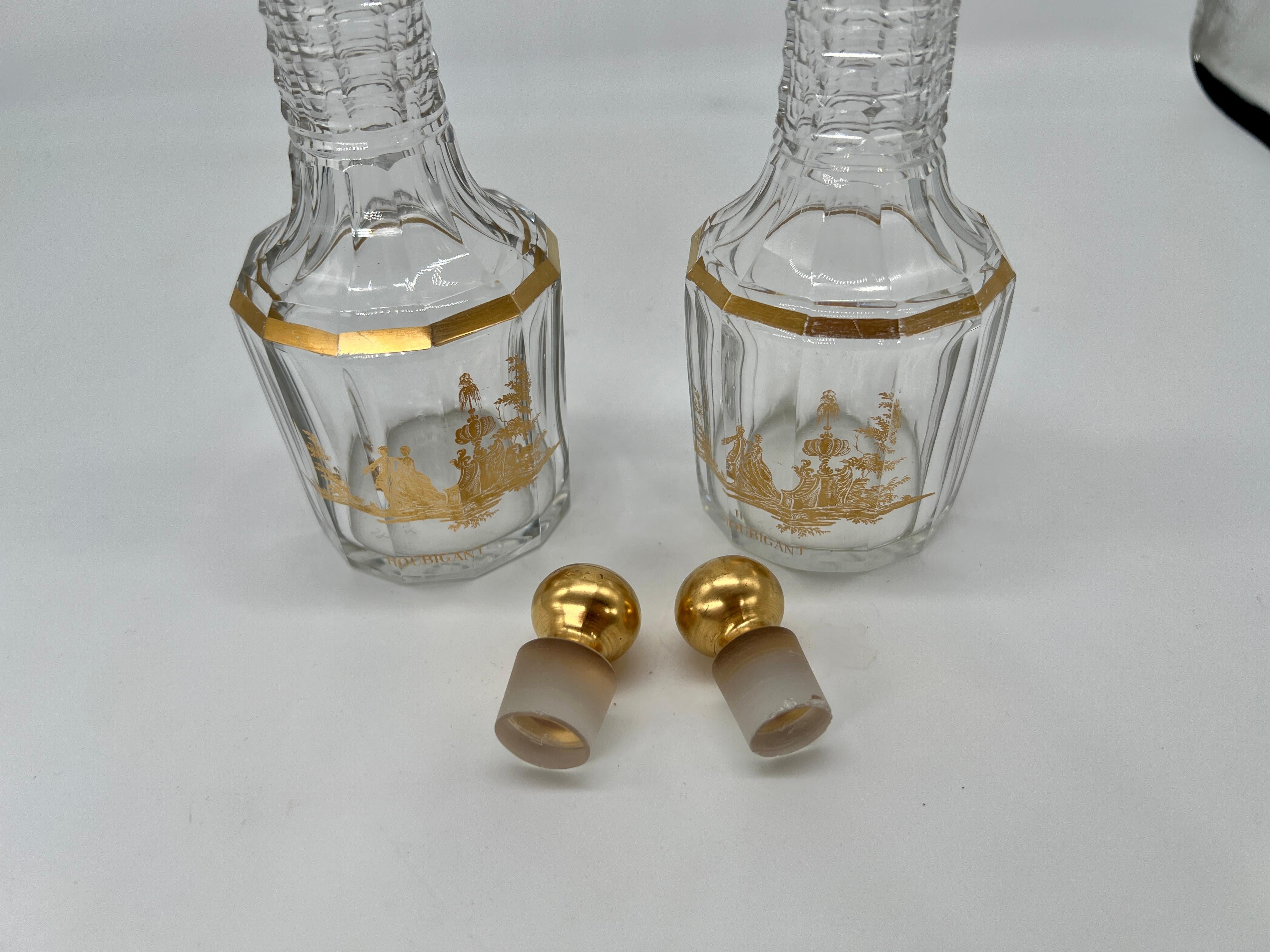 Pair, Antique French Baccarat Houbigant Gilt Crystal Perfume Bottles C. 1920 For Sale 1