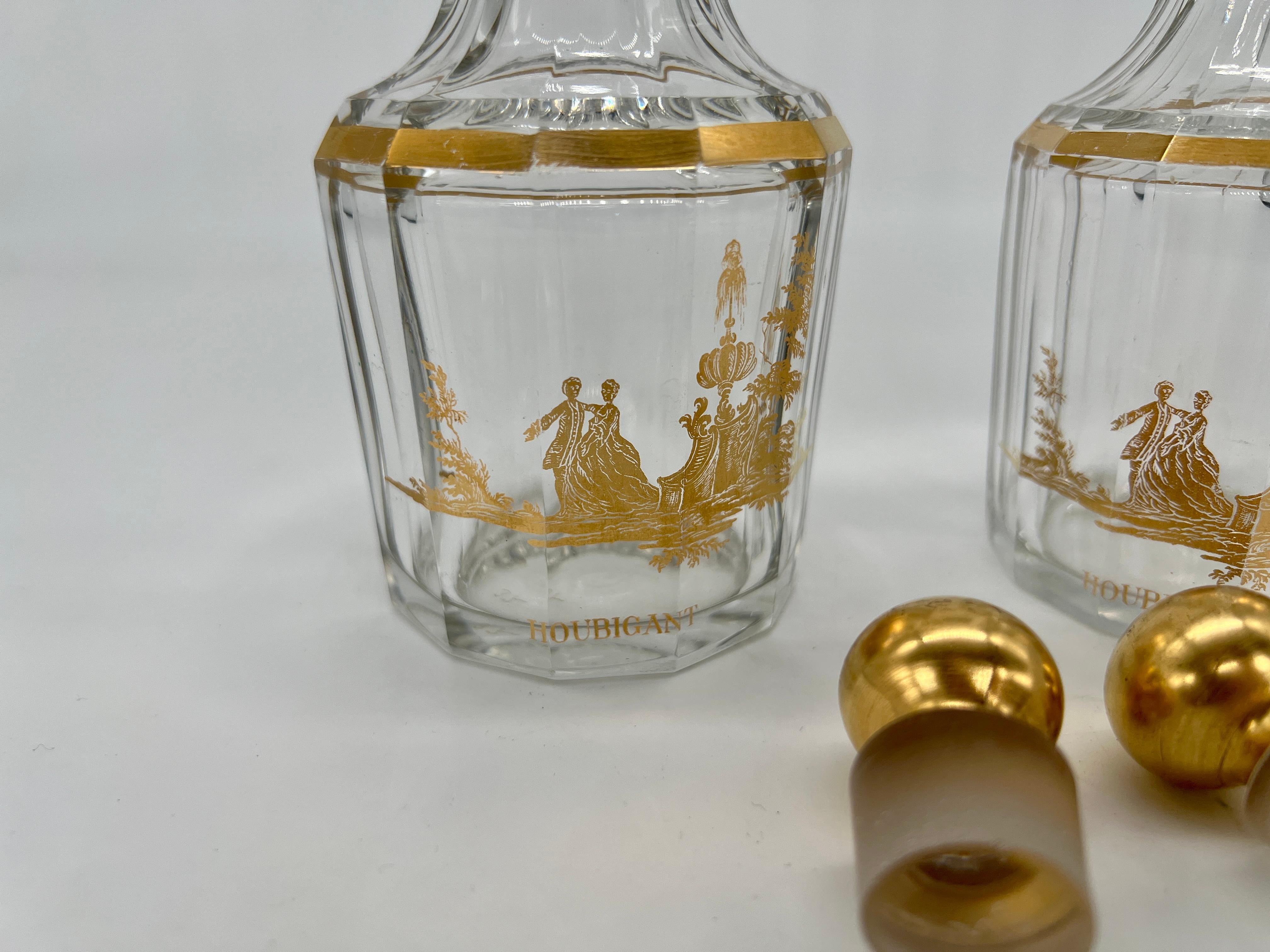 Pair, Antique French Baccarat Houbigant Gilt Crystal Perfume Bottles C. 1920 For Sale 2