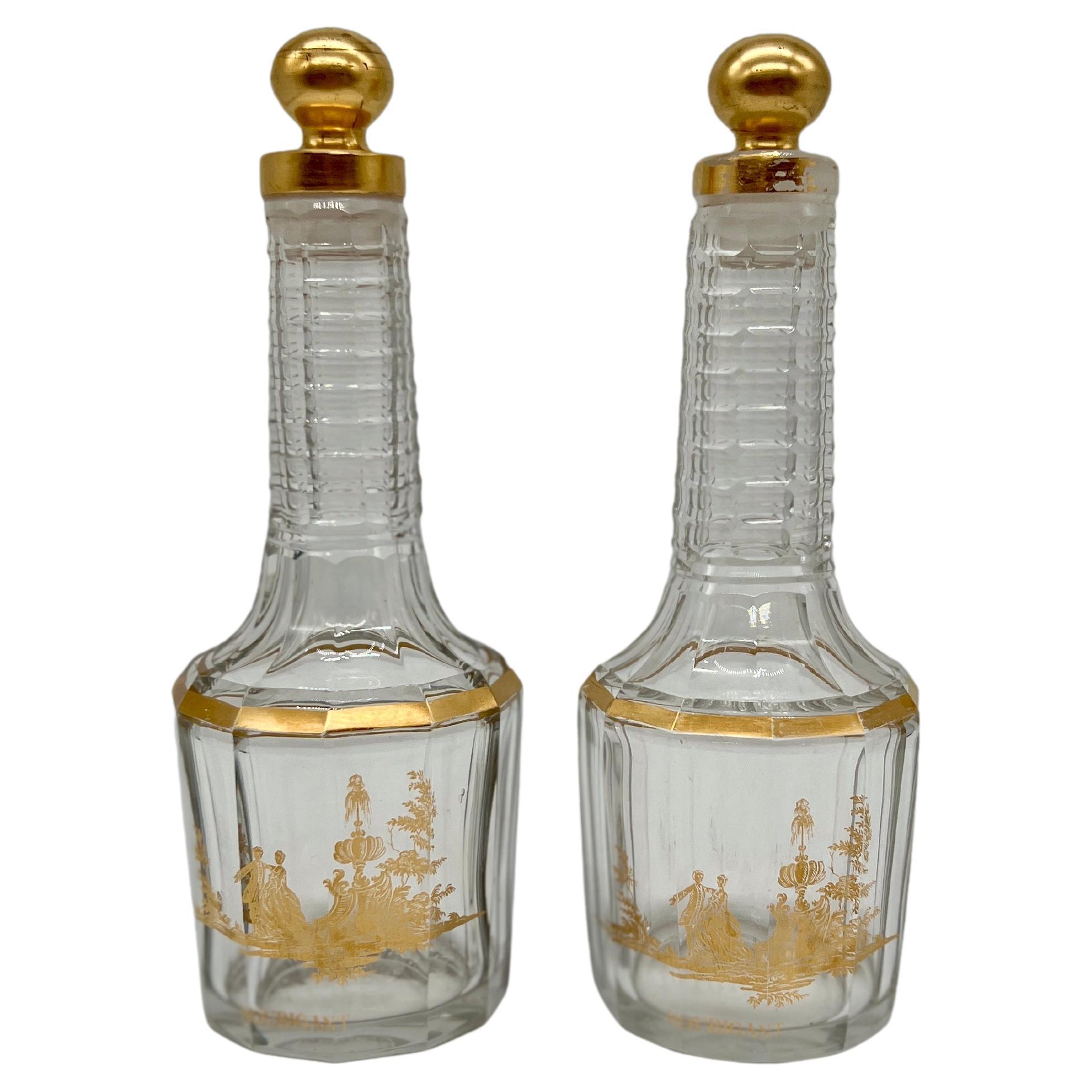 Pair, Antique French Baccarat Houbigant Gilt Crystal Perfume Bottles C. 1920