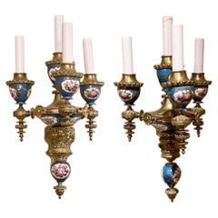 Paar Antique French Belle Époque Blau Porzellan & Bronze Sconces Circa 1885-1900