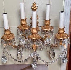 Pair Antique French Belle Époque Bronze D'ore & Baccarat Crystal Sconces Ca 1880